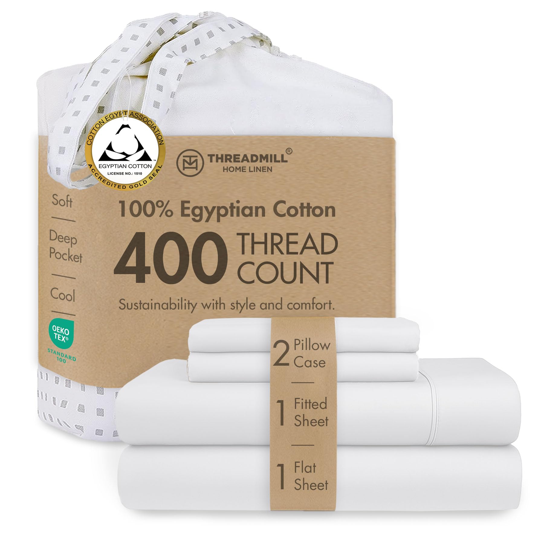 Threadmill Home Linen - Juego de Ropa de Cama en satén de 400 Hilos, 100% algodón, Juego de Ropa de Cama de 4 Piezas, sábanas Lisas, Tejido en satén, tamaño Grande, Color Blanco