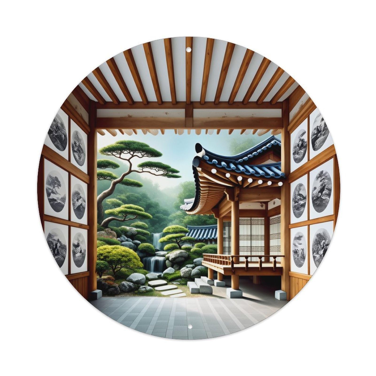 Japanese Garden Pavilion Scene Round Tin Sign Vintage Metal Poster, Home Bar Garage Man Cave Cafe Indoor & Outdoor Wall Decoration 8x8Inches