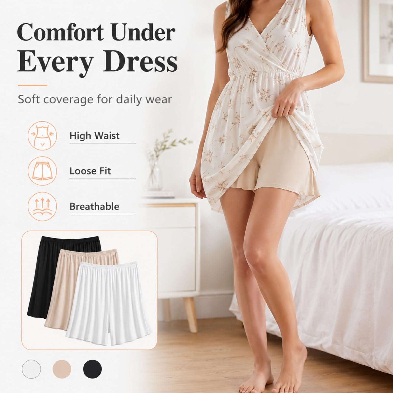 Runup Biancheria intima da donna in cotone modal a vita alta, pantaloncini anti-sfregamento, comodo, doppio scopo per il sonno e la protezione, in bianco, nero e color pelle, bianco, rosa, nero, L