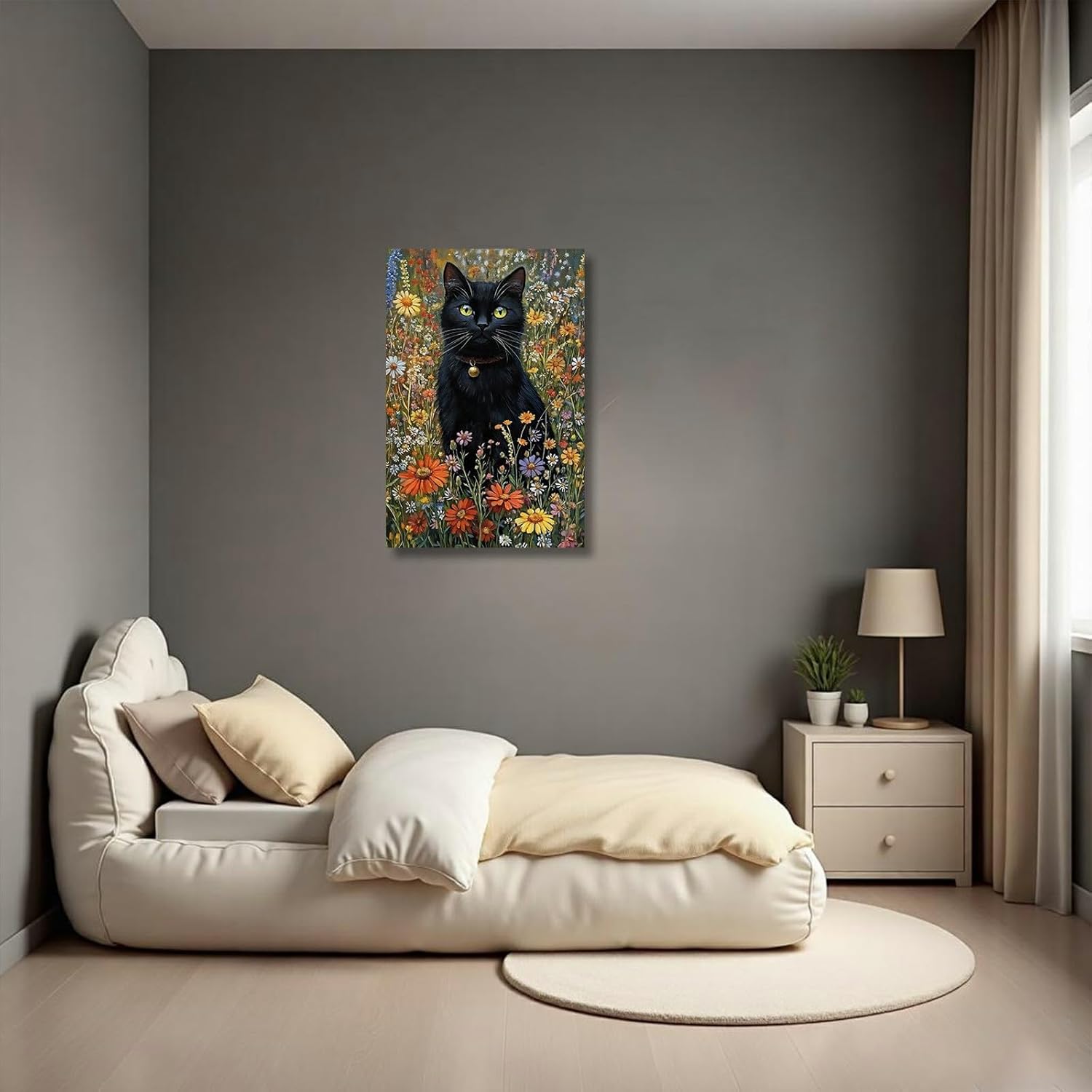 ZSHDEYMTOP Black Cat Canvas Wall Art Vintage Black Cat & Wildflowers Pictures Gothic Cats Floral Paintings Nature Plant Prints for kids Room Decor Frame (Grey,18L x 12W)
