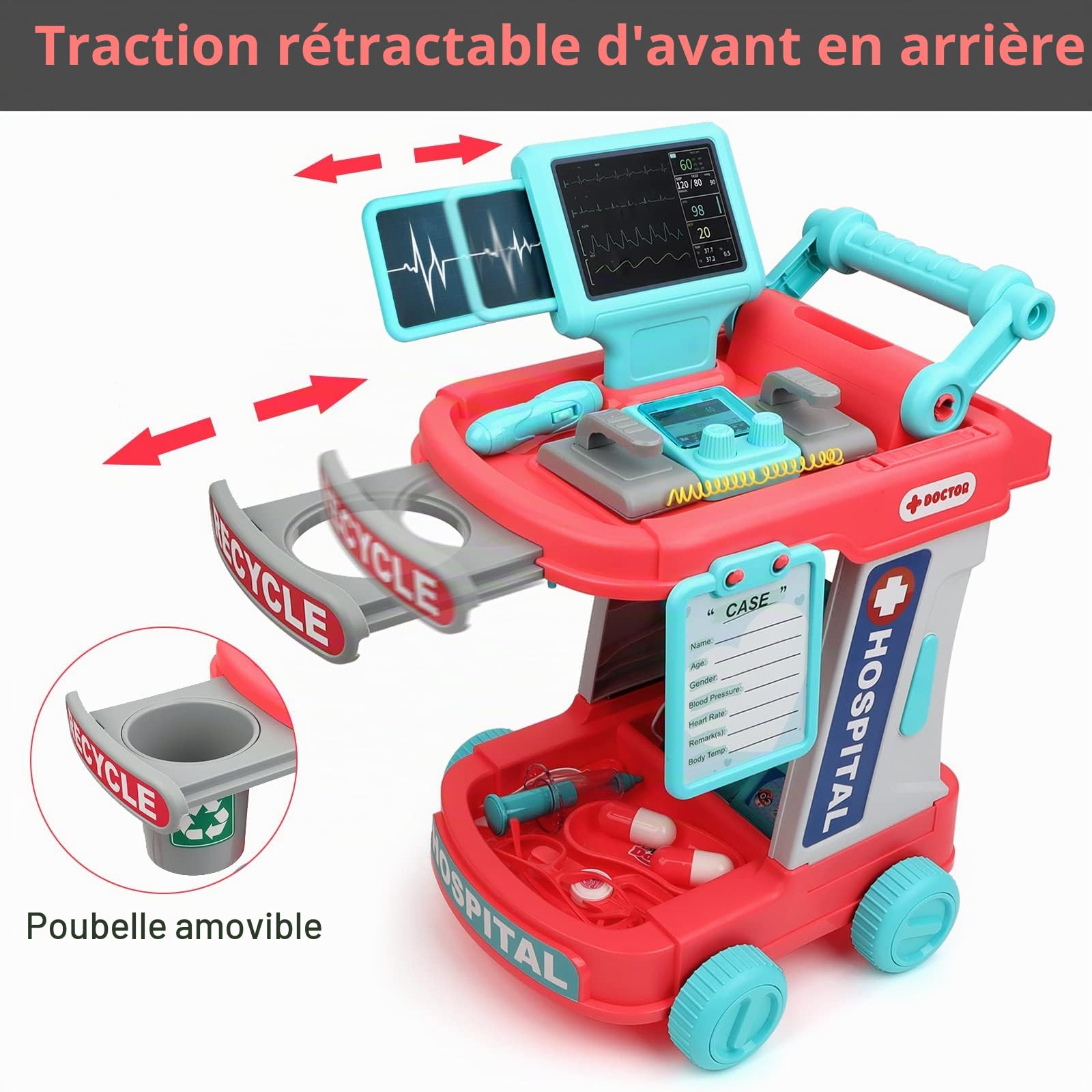 deAO Chariot Medical Enfant avec Costume avec Lumière, Sons, Stéthoscope