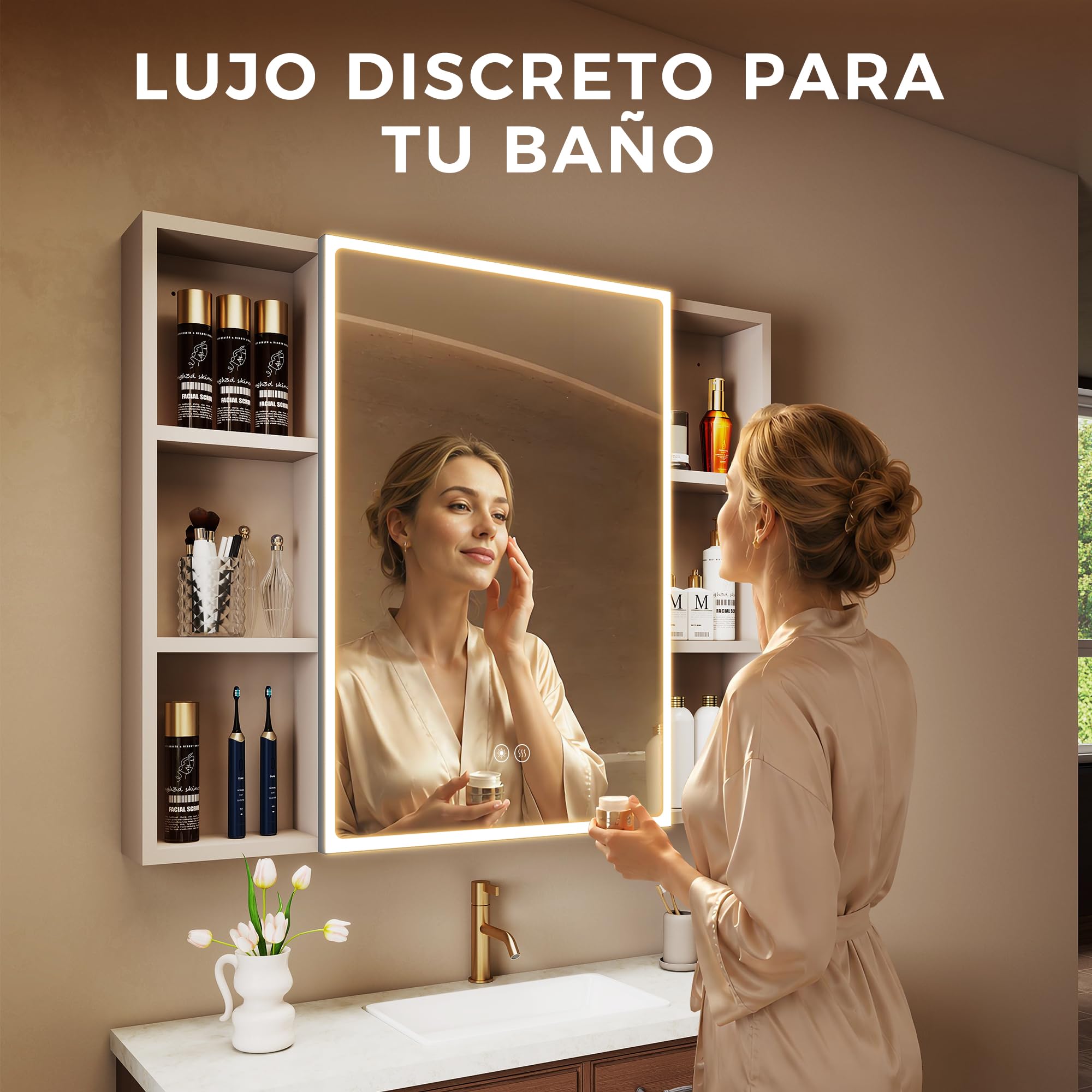 S'bagno Armario con espejo para baño con iluminación, 90 x 70 cm, armario con espejo para cuarto de baño, armario empotrado de aluminio, 3 colores, regulable, función de memoria, vidrio templado HD