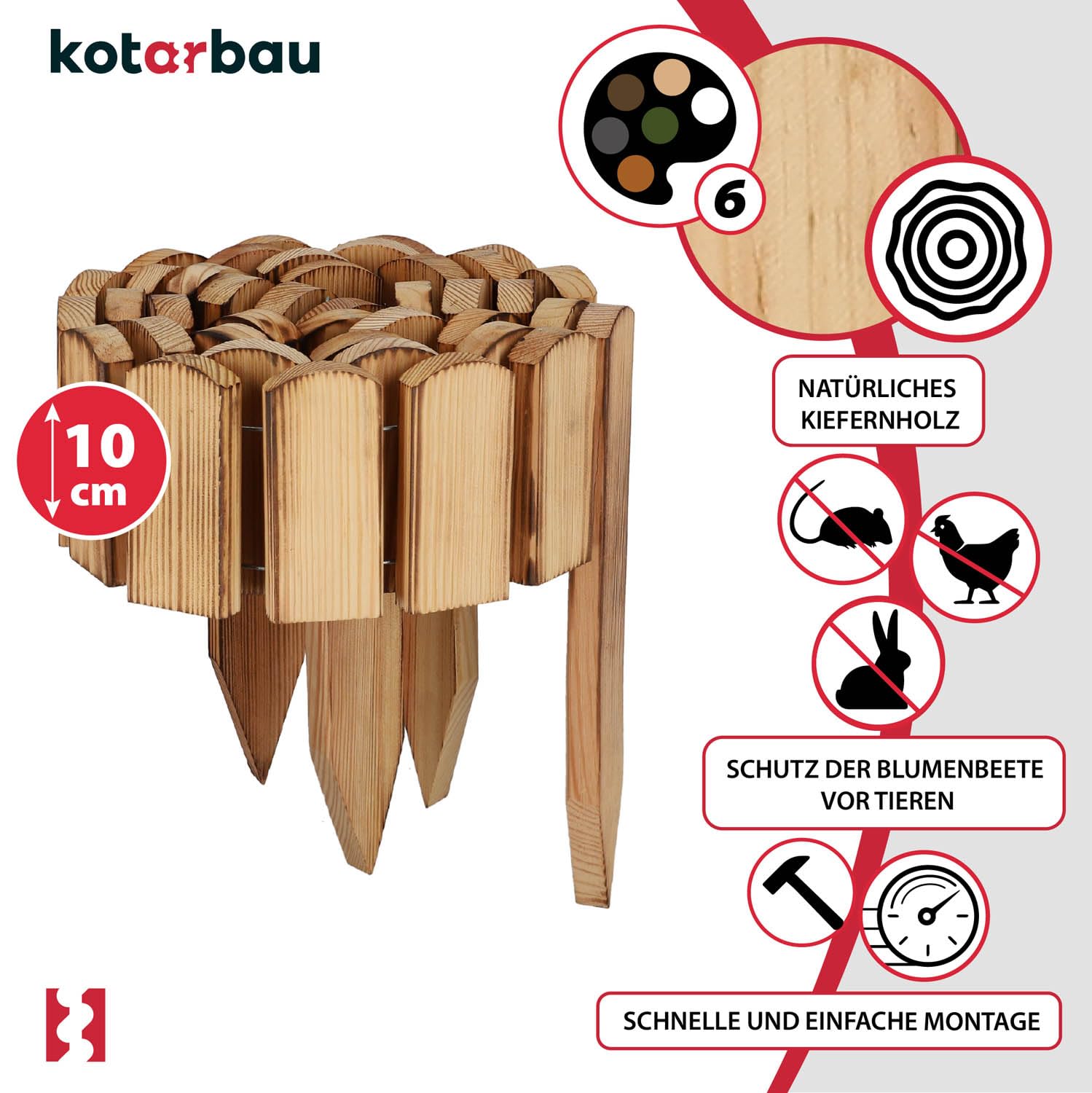 KOTARBAU® Staccionata in Legno per Giardino - 200 x 10 cm - Recinzione Giardino Esterno - Legno Bruciato - Steccato