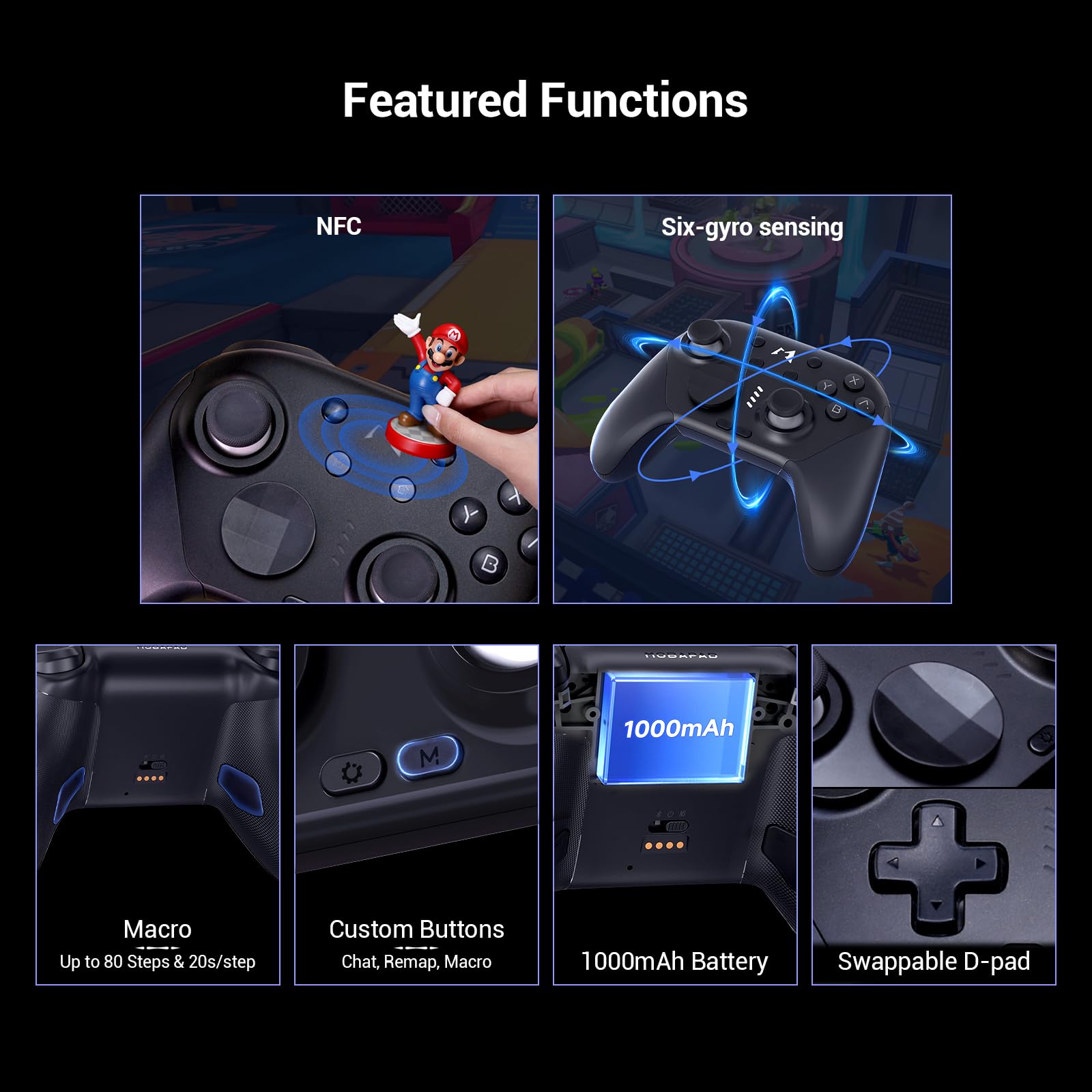 AKNES MOBAPAD Chitu2 HD Mando inalámbrico para Switch/PCAndroid/iOS(Negro) | Joysticks TMR Glide, Botones mecánicos, HD Rumble, NFC, 6 ejes, Base RGB, Botones traseros programables