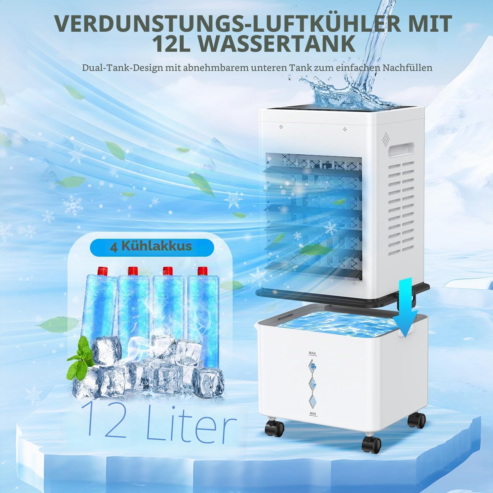 Mobile Klimaanlage, Luftkühler 12L Mobiles Klimagerät ohne Abluftschlauch, Verdunstungskühler mit Fernbedienung, 6 Stufen, 24H Timer, 40 dB Leise, Portable Air Conditioner Räume Büro Schlafzimmer