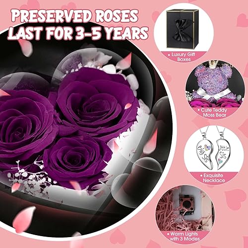 Miniatura 167 de ADDWel Rose Gifts for Women - Preserved Real Roses Forever Purple Flowers with I Love You in 100 Languages Necklace and Cute Moss Bear for