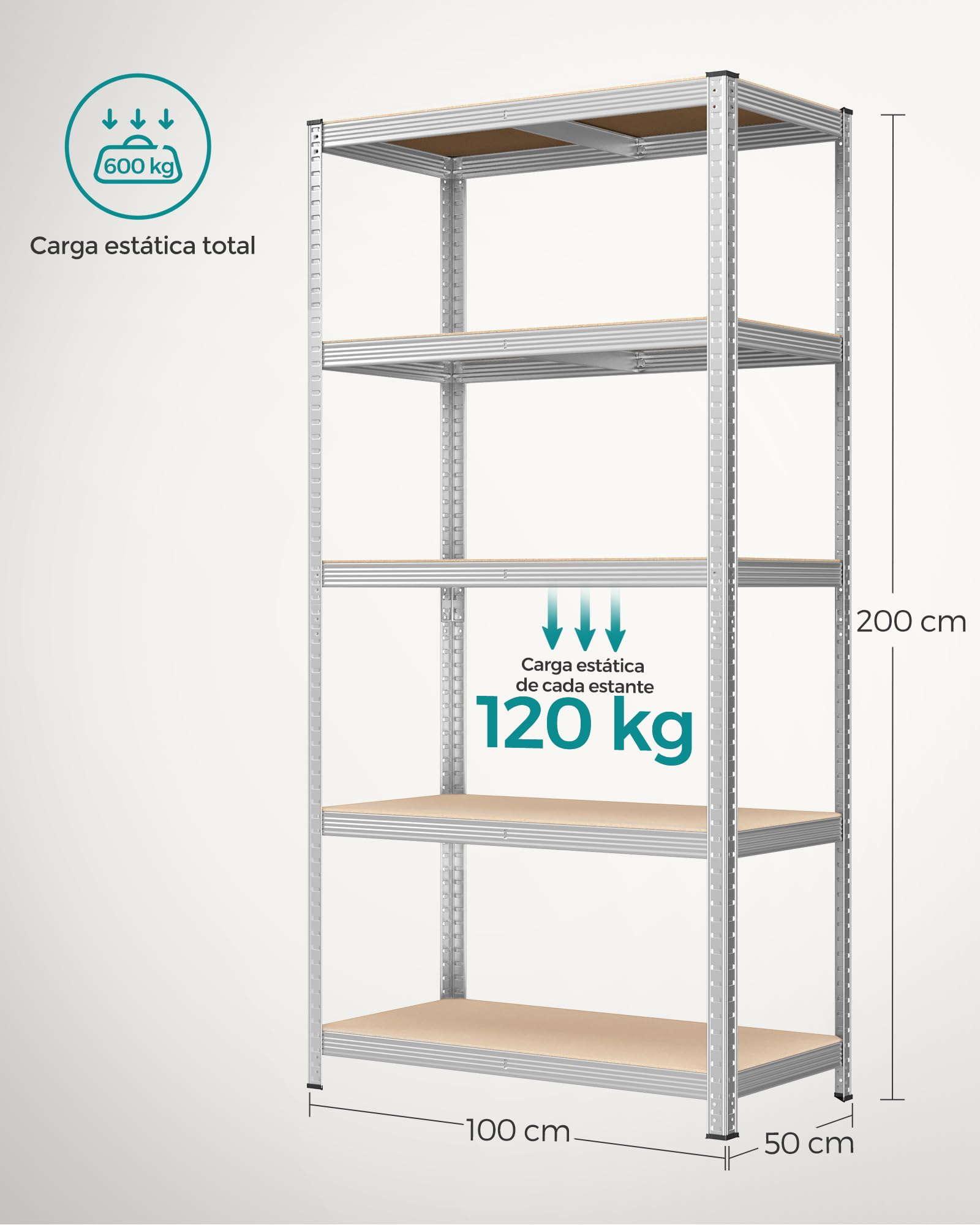 SONGMICS Estantería de 5 Niveles, 200 x 100 x 50 cm, Carga de 875 kg (175 kg por Nivel), Estantería para Cargas Pesadas, Estante Ajustable en Altura, para Garaje, Sótano, Plata GLR050E01
