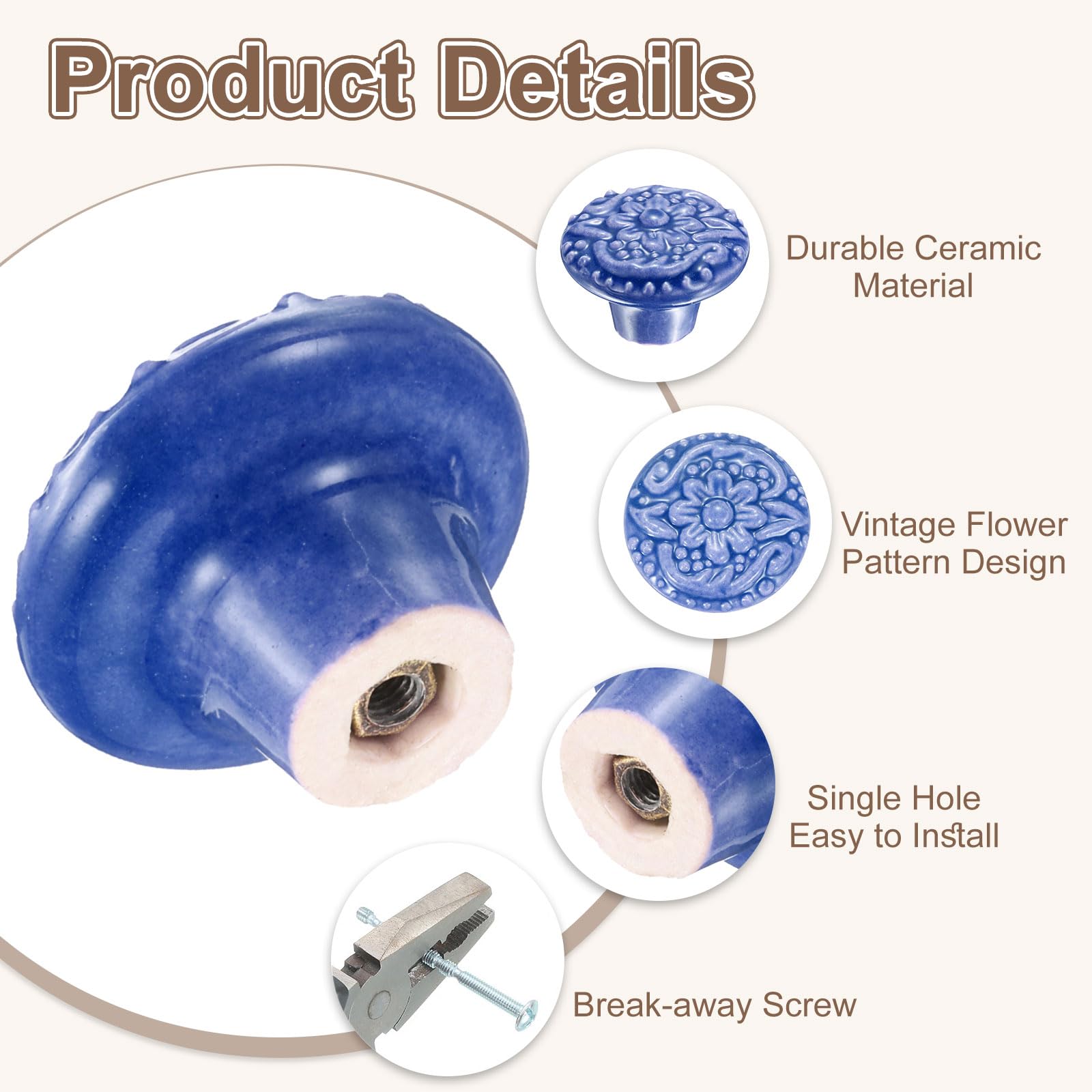Uxcell 6Pcs Ceramic Flower Knobs – Vintage Raised Base Drawer Pulls With Screws, Gray, For Cabinets & Furniture