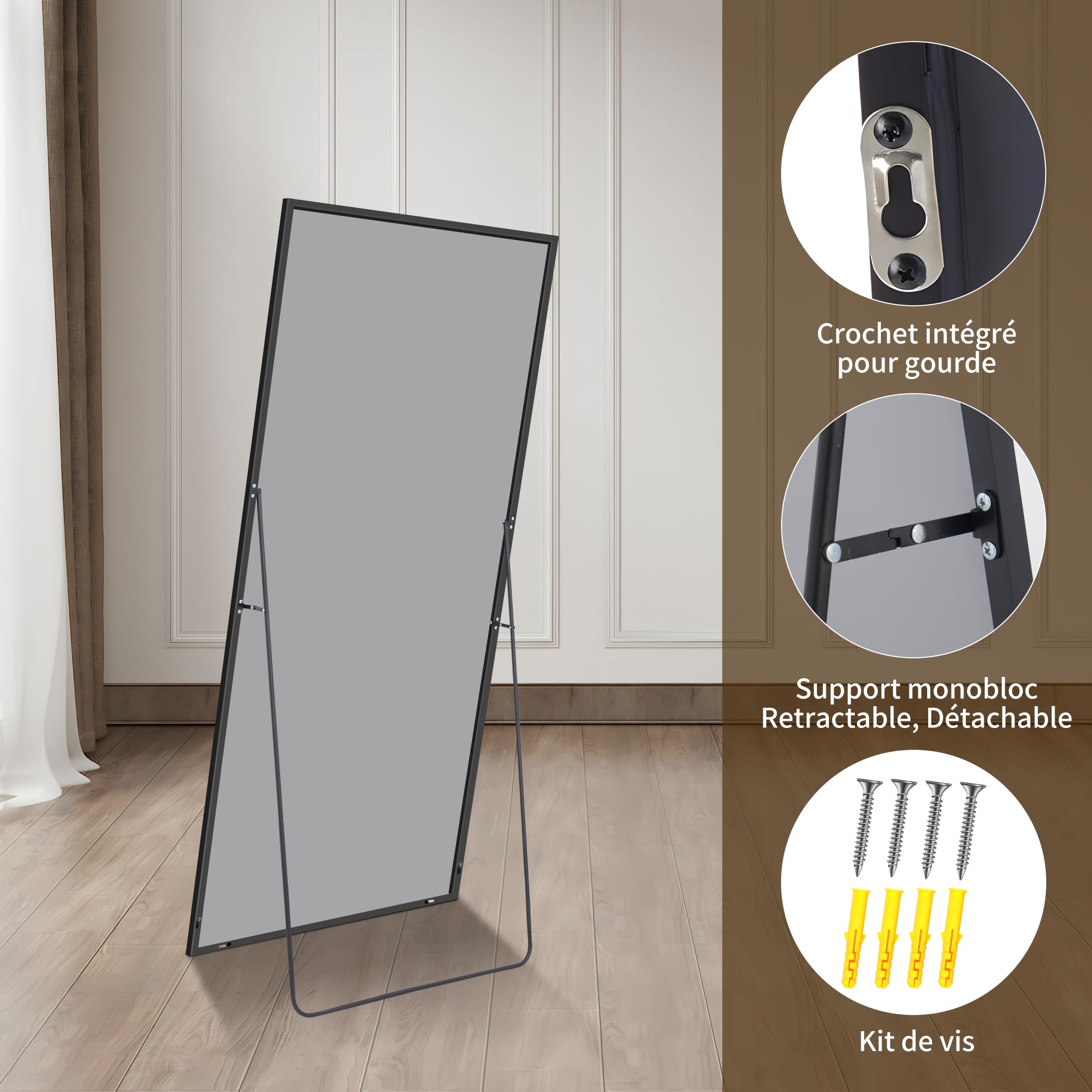 Miroir Intégral 44 x 147 cm Rectangulaire Grand Miroir Mural Cadre Noir