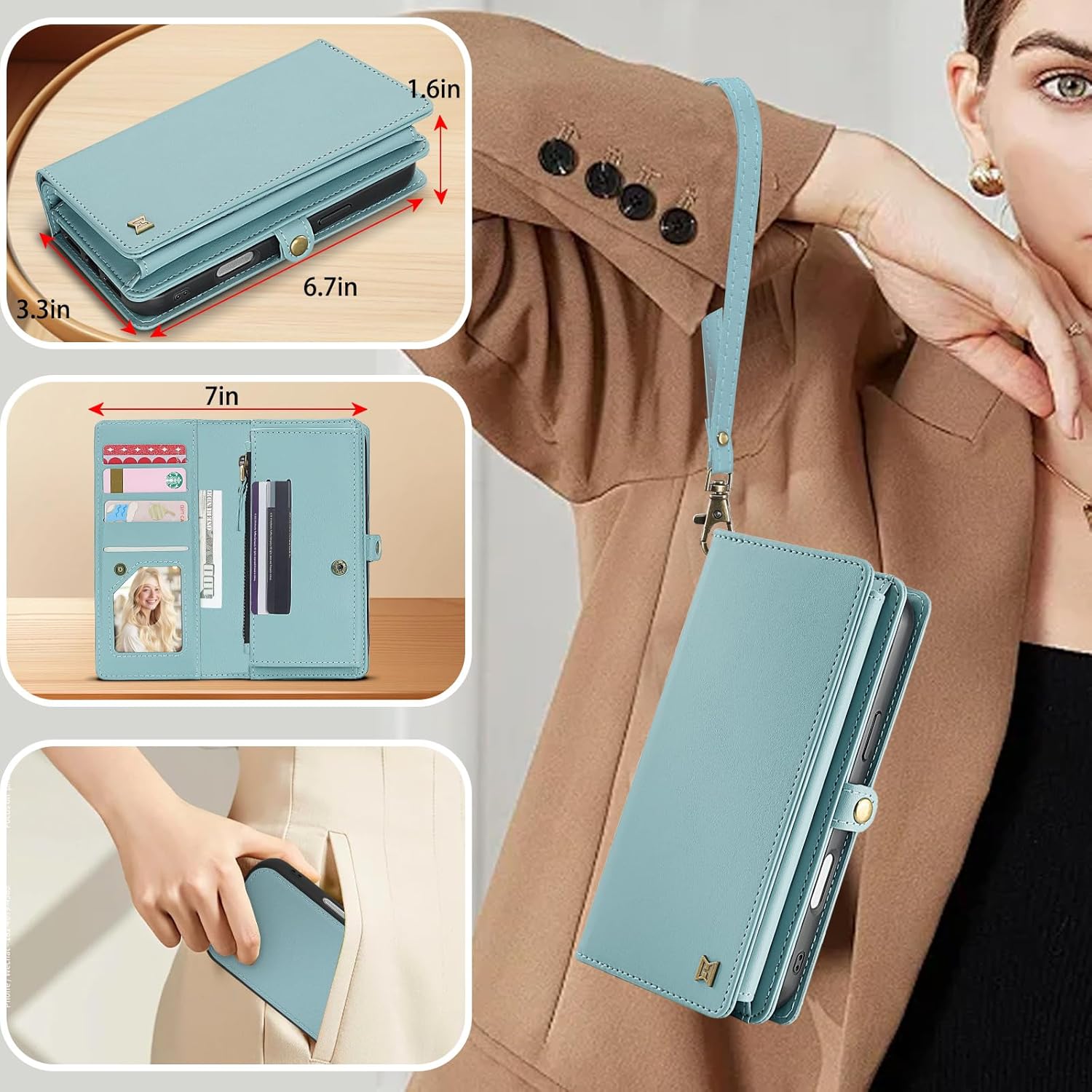 for Wallet Case Compatible with iPhone 14 Pro Max,Multi-Function Detachable 2 in 1 Magnetic iPhone 14 Pro Max Case Wallet,Flip Strap Zipper Card Holder Phone Case with Shoulder Straps (Blue)