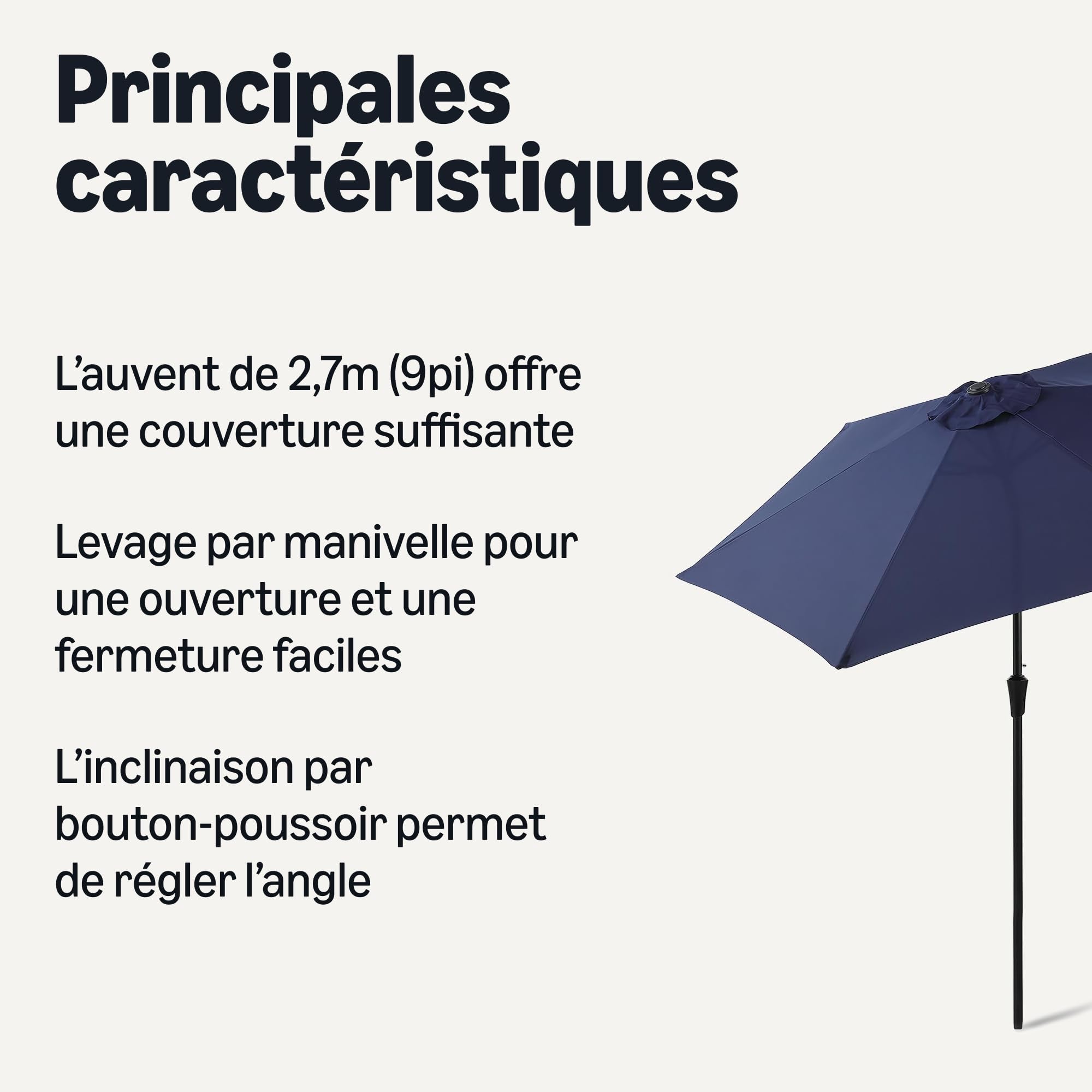 Amazon Basics Parasol de Terrasse, avec Manivelle et Inclinaison par Bouton-Poussoir, 274cm, Bleu Marine