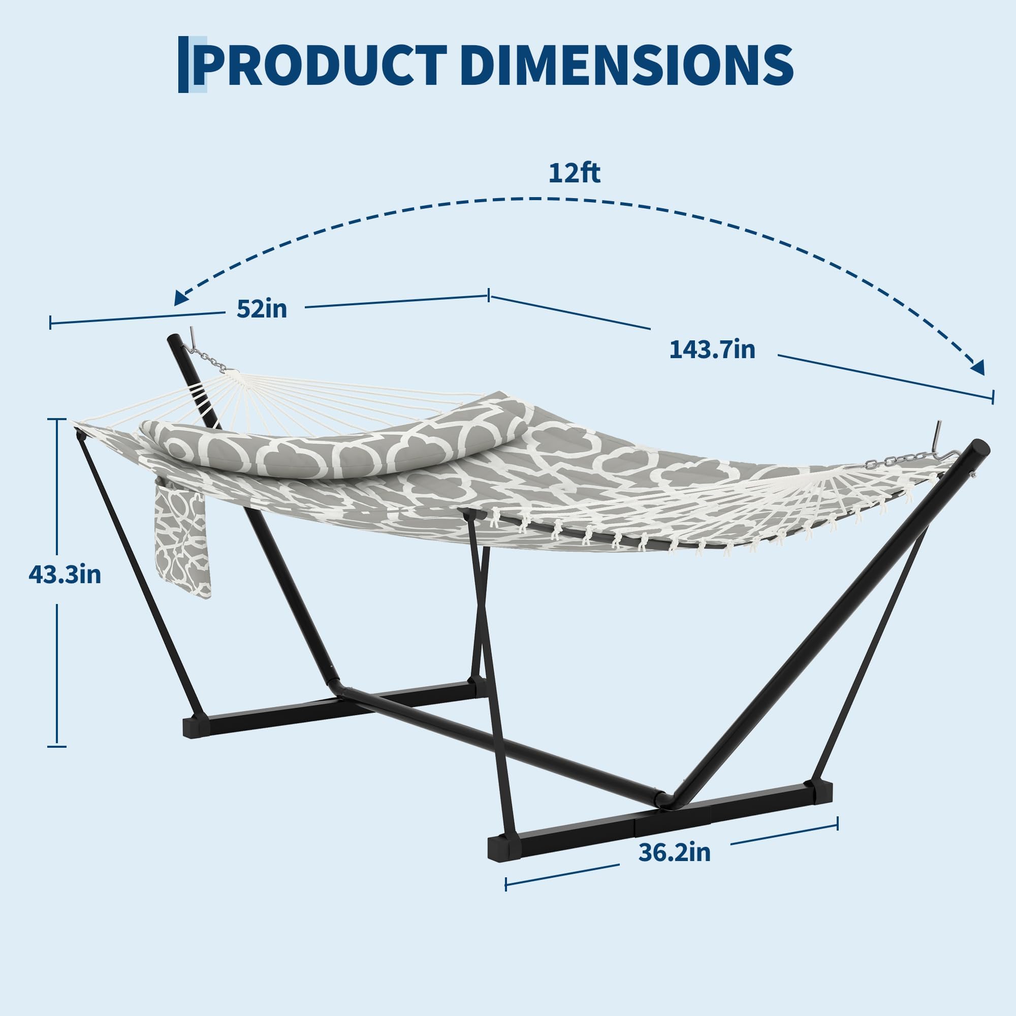 Hamac sur Pied avec Support T et Barres Incurvées en Fer - Hamac Matelassé Plat Gris Clair 365cm, Support Acier Solide 200kg, 2 Places, Jardin Balcon Terrasse Extérieur