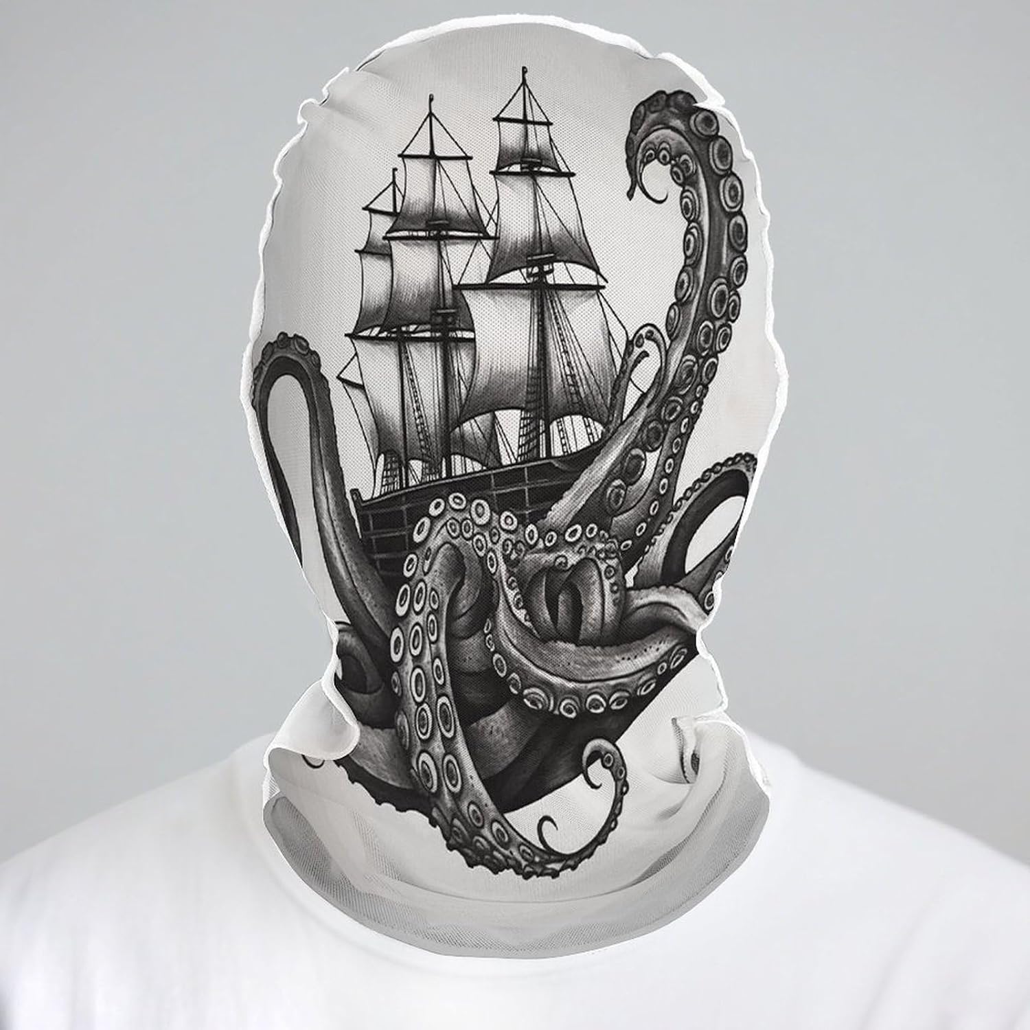 Black and White Octopus and Ship Balaclava Mesh Print Funny Face Mask Breathable Ski Masks Personalized Sun Protection Full Face Covers Neck Gaiter Windproof Head Masks for Pranks&Outdoor image 5
