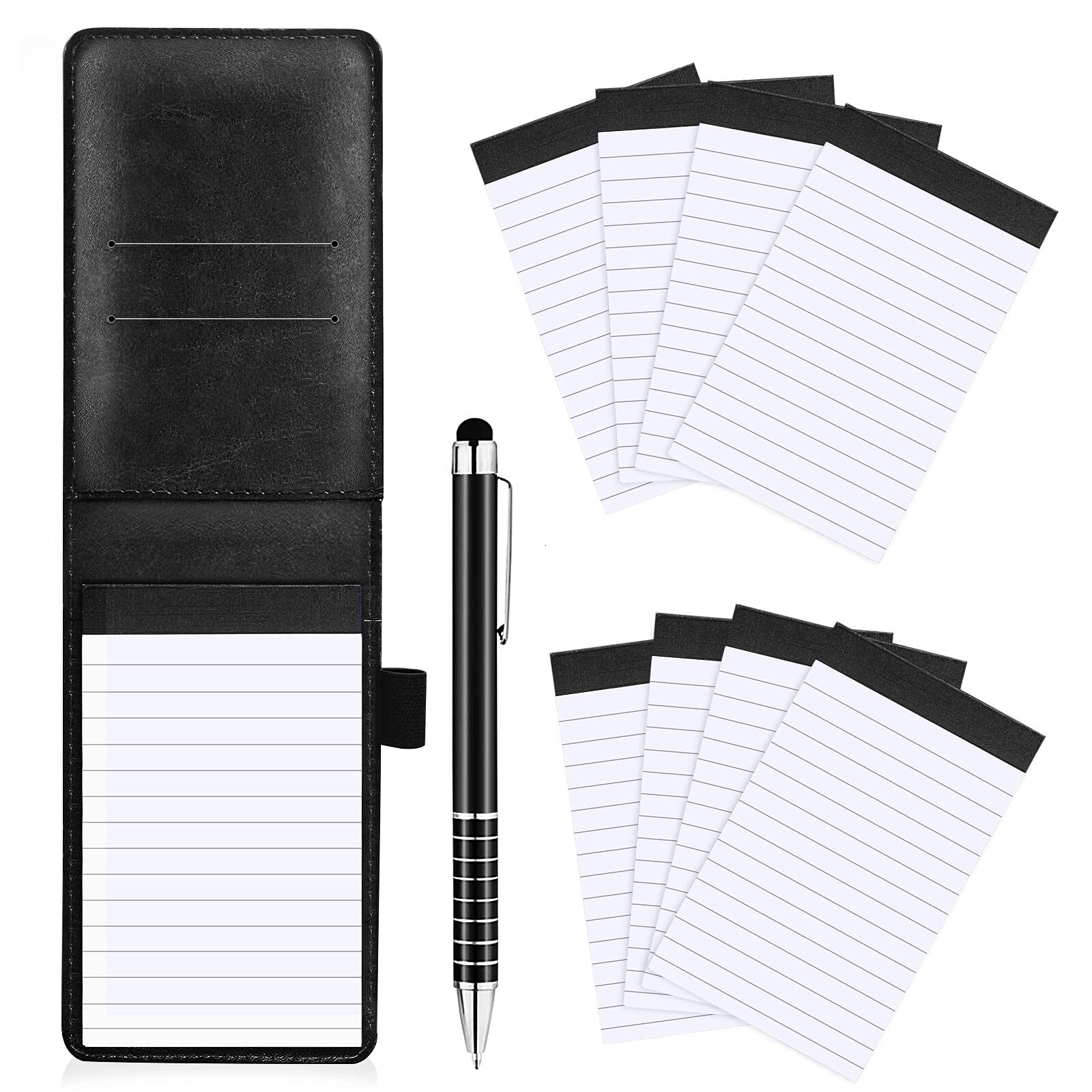 EVNEED Mini Pocket Notepad Holder, Note books with 50 Lined Sheets, Metal Pen, and 8 Pieces 3 x 5 Inch Memo Book Refills,BLack