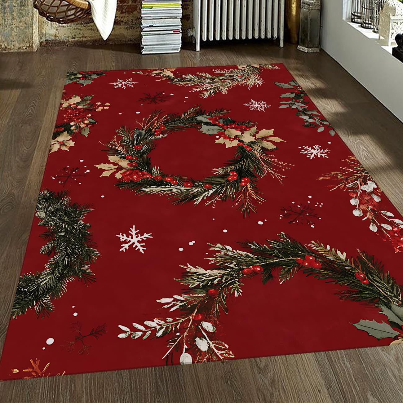 Tapis de salon lavable grand format 120x180 rouge Noël