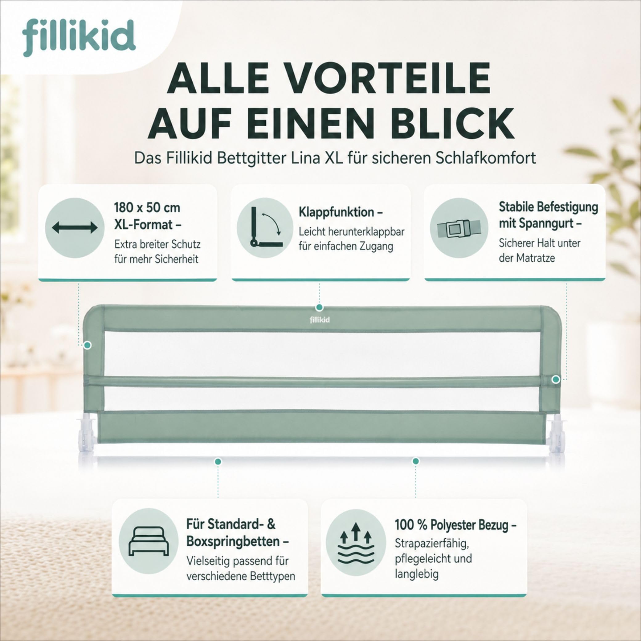 Fillikid Bettgitter Lina XL 180 x 50 cm Exklusiv | Rausfallschutz Bettschutzgitter für Kinderbett & Boxspringbett | Kinder Schutzgitter klappbar | Extra lang | Seitenschutz fürs Bett
