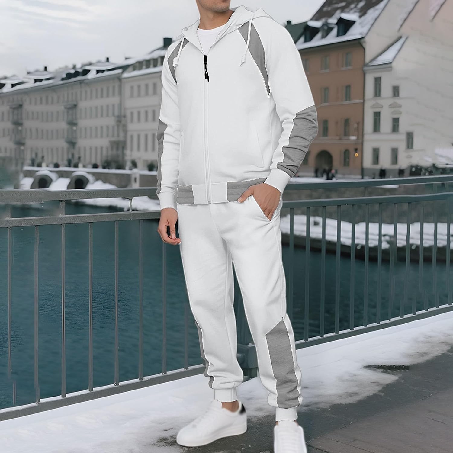 Men's Full Zip Colorblock Hoodie Set Tracksuit 2 Piece