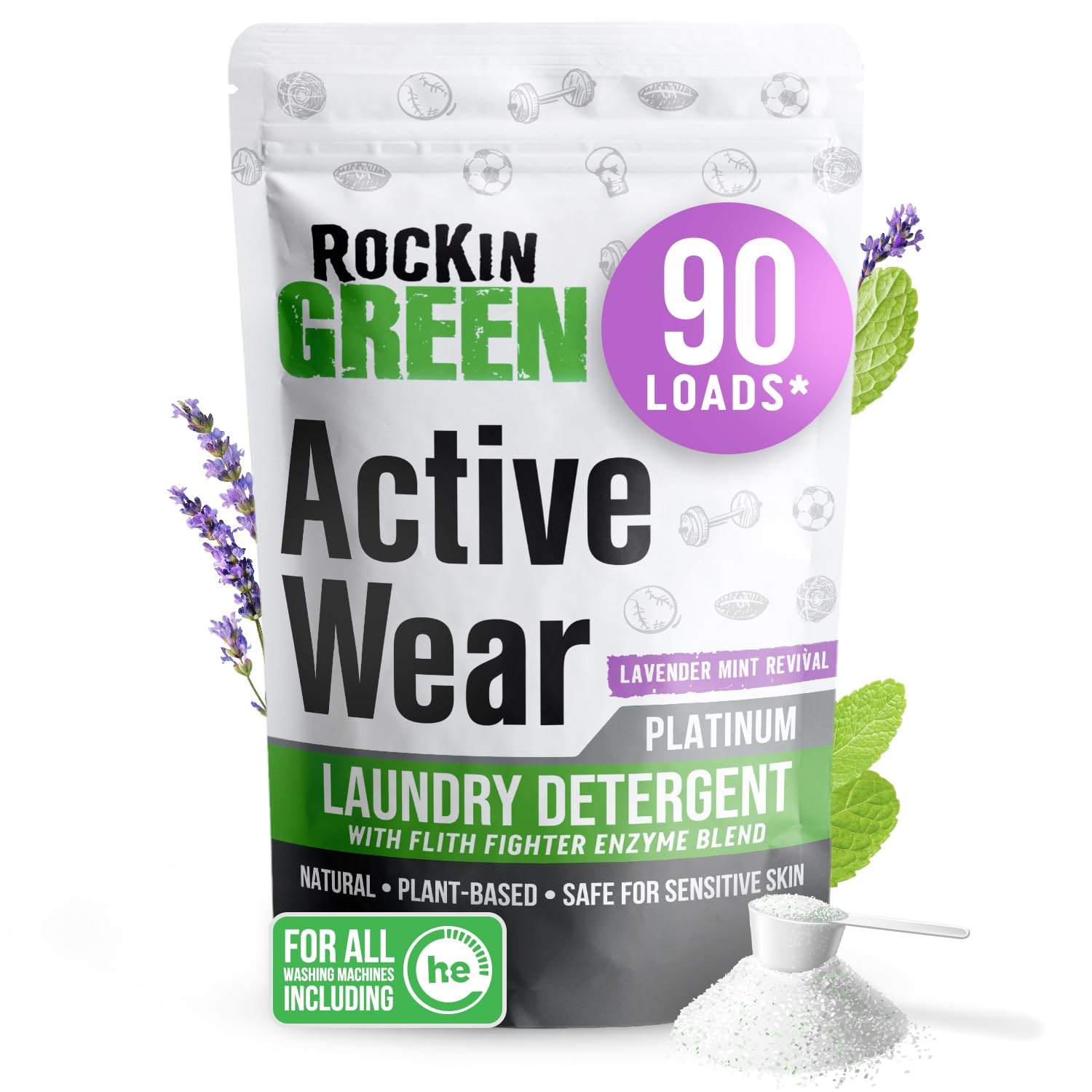 Rockin' Green Active Wear Laundry Detergent Powder Lavander Mint 90 Loads
