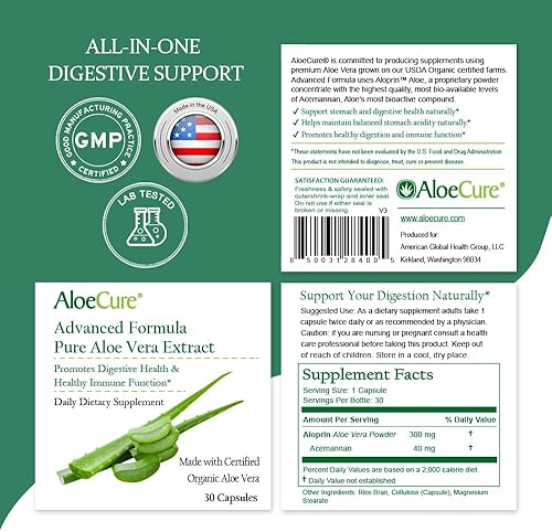 Miniatura 7 de AloeCure Cápsulas orgánicas de aloe vera, 130.000 mg equivalente de hoja de aloe interior por porción, apoyan la salud intestinal, digestiva e