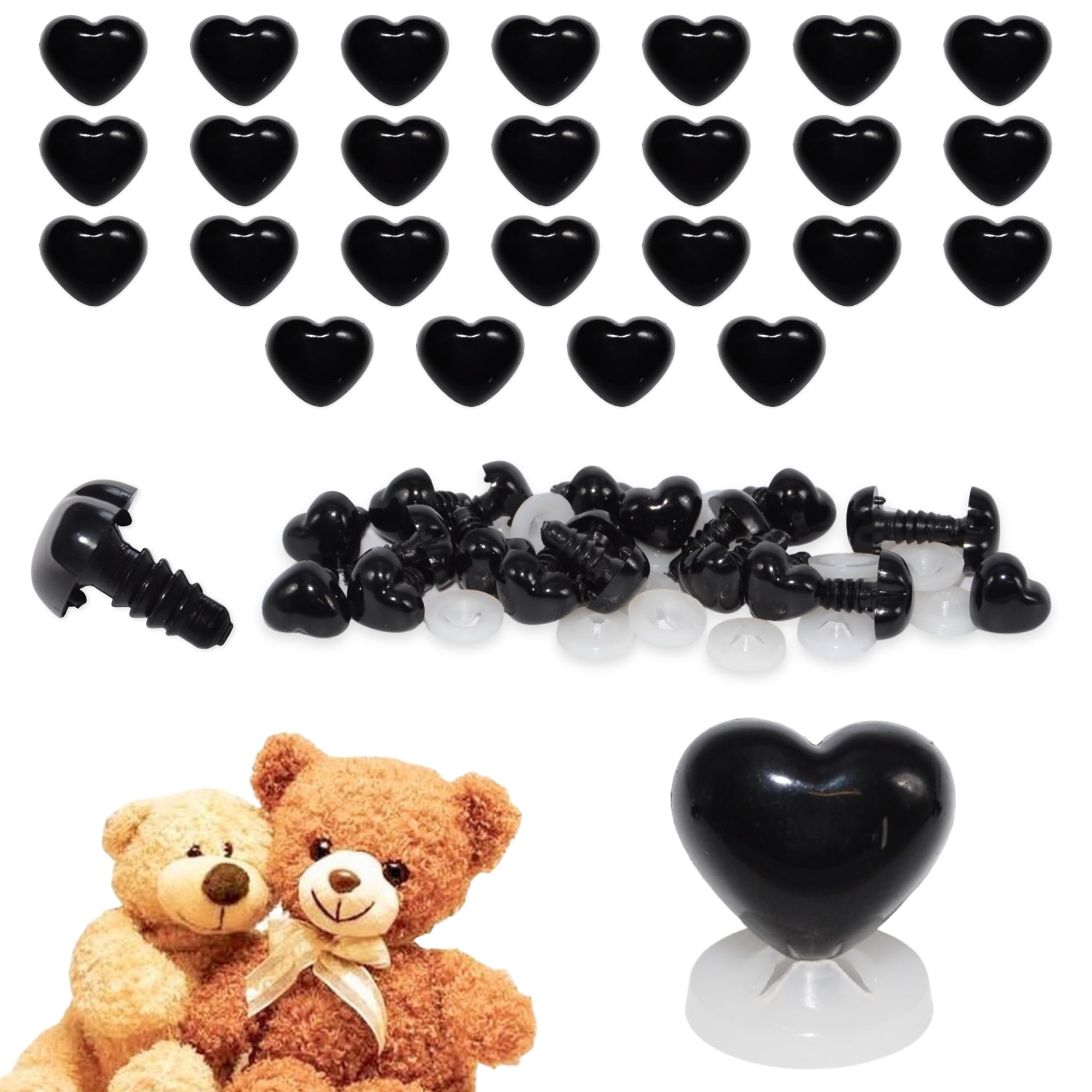 celloexpress 15mm x 13mm Black Heart Noses with Plastic Backs - Safety Noses for Soft Toy Teddy Bear Animal Making (Pack of 25)