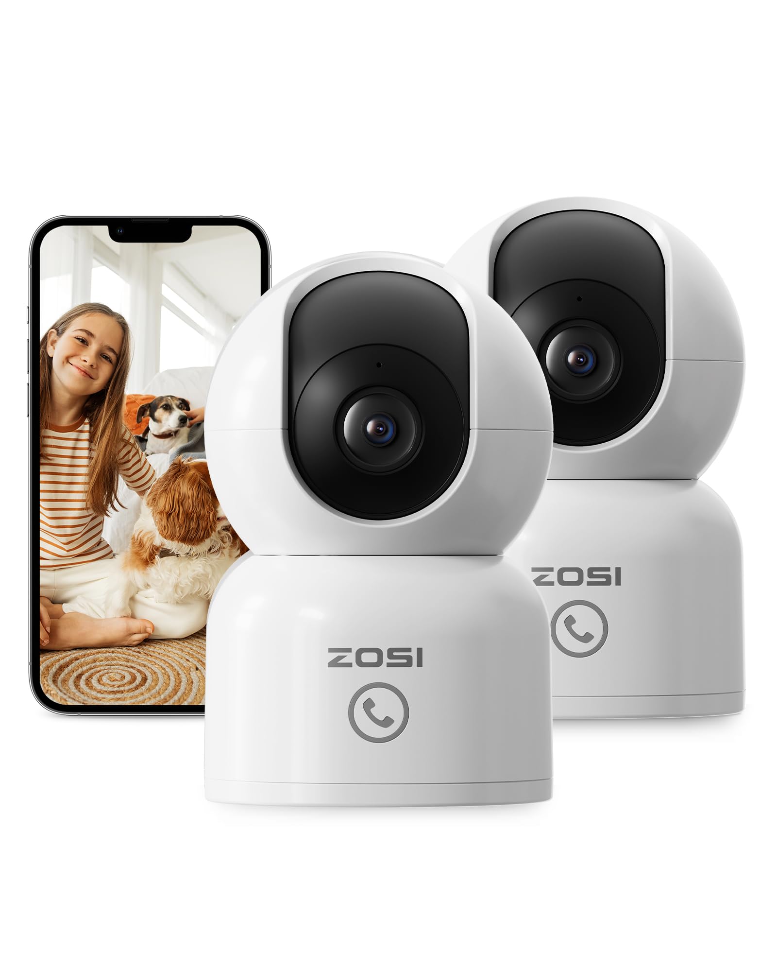 ZOSI Pack de 2 Cámara Vigilancia Seguridad WiFi Interior 8MP para Bebé/Mascota, Detección y Seguimiento de Movimiento, 360° Vista, Audio Bidireccional, 2.4G/5G WiFi, 64GB Tarjeta Incluida, 4K C518