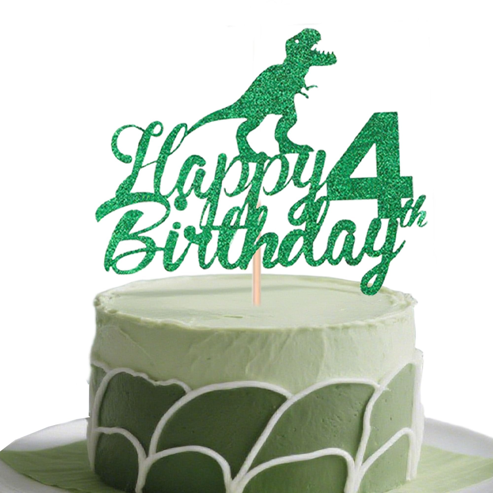 Dinosaur 4th Birthday Cake Topper - Green Glitter Happy 4 Years Old Cake Decoration for Boys and Children, Roaring animal Theme Birthday Party Supplies