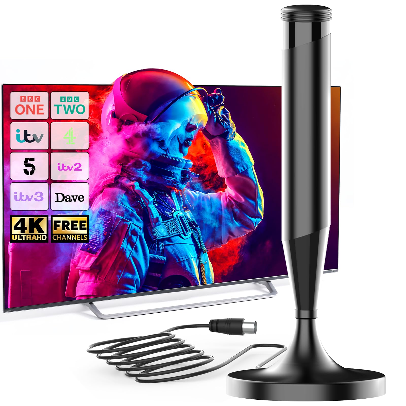 TV Aerial - Magnetic Base 360° Signal Reception Digital TV Aerial Indoor Compatible with Smart TV and All Televisions Supports 8K 4K 1080P Universal Indoor Aerial 5m Coaxial Cable