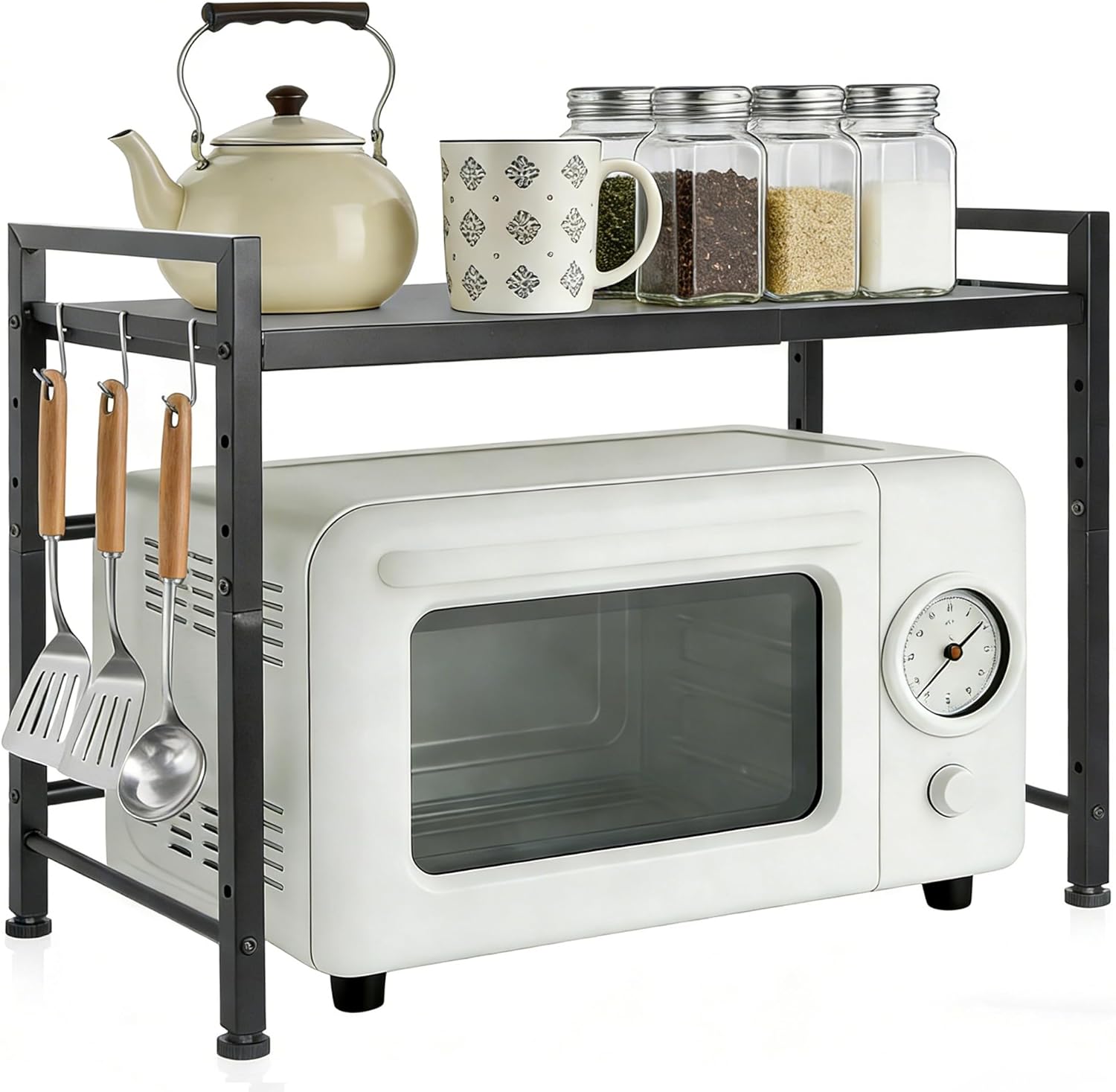 2-Tier Expandable Microwave Oven Rack - Height Adjustable Microwave Oven & Air Fryer Rack with Hooks & Non-Slip Pads, Carbon Steel Organiser for Pots, Pans & Spices Storage, Black