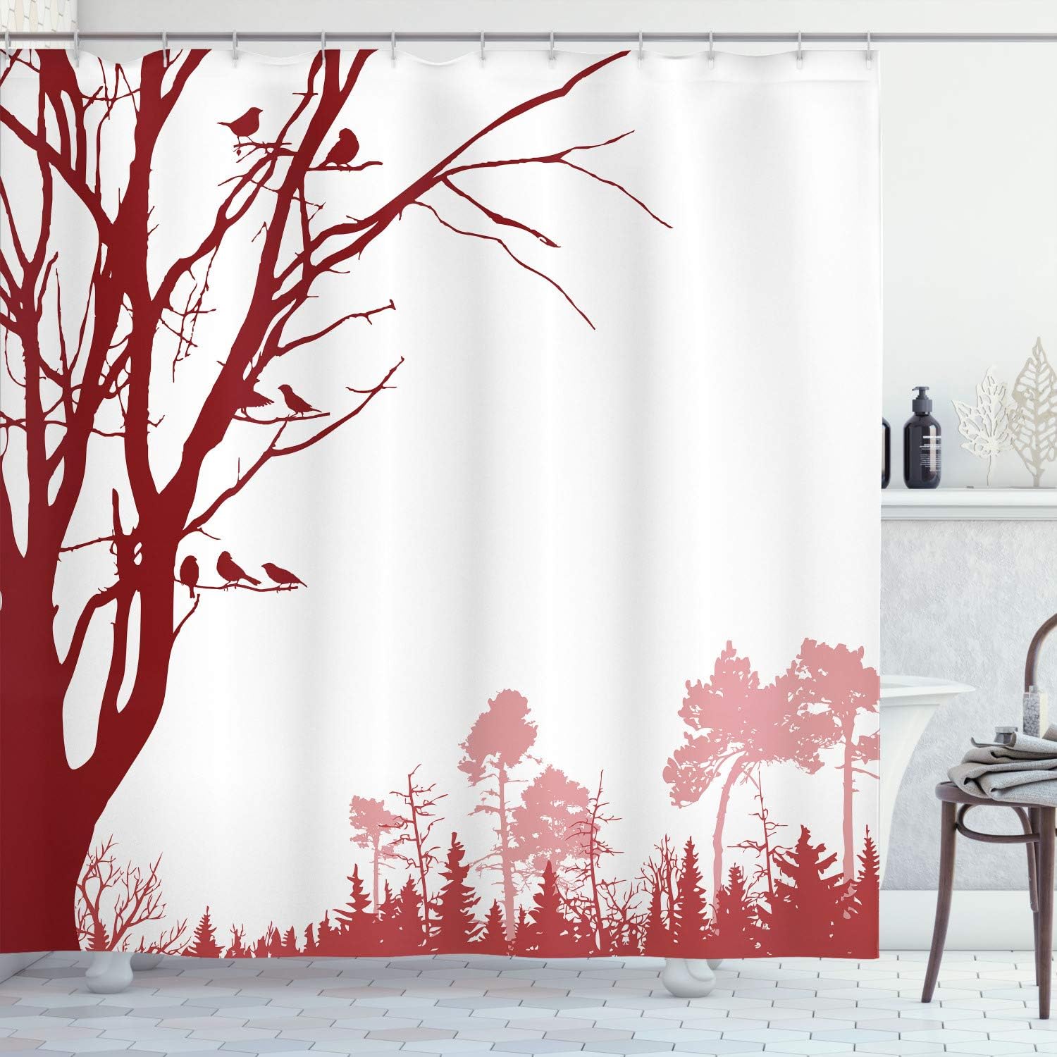 Ambesonne Forest Shower Curtain, Nature Theme The Panorama of a Forest Pattern Birds on Tree Branches Print, Cloth Fabric Bathroom Decor Set with Hooks, 75" Long, Burgundy White
