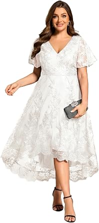 Ever-Pretty Plus Womens V Neck Short Sleeves High Low Embroidery A Line Plus Size Midi Formal Wedding Guest Dresses 02255-DA