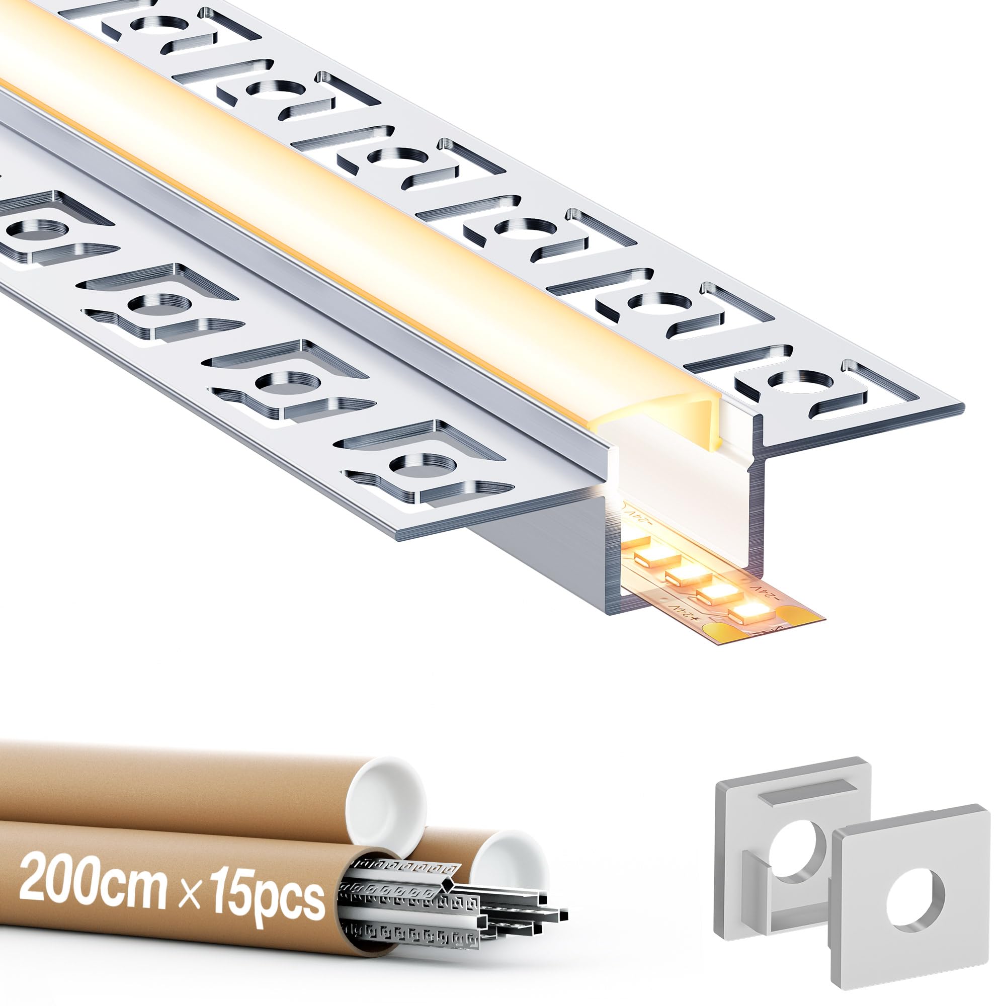 Profili in Alluminio per Cartongesso per LED con Alette 2 m 15 pz, Profilo Alluminio per Strisce led Larghezza Massima 12 mm, Canalina led che Diffonde Uniformemente la Luce (SA03, 2 m 15 pz)