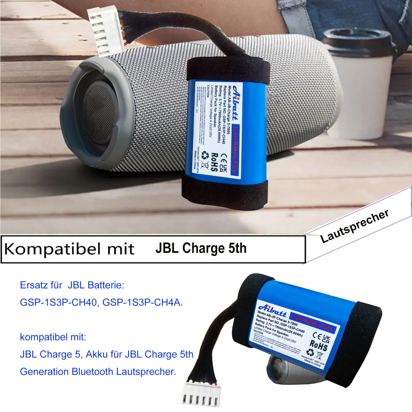 7800mAh Ersatzakku für JBL Charge 5, Akku für JBL Charge 5th Generation Bluetooth Lautsprecher, Ersatz für JBL Batterie GSP-1S3P-CH40, GSP-1S3P-CH4A.