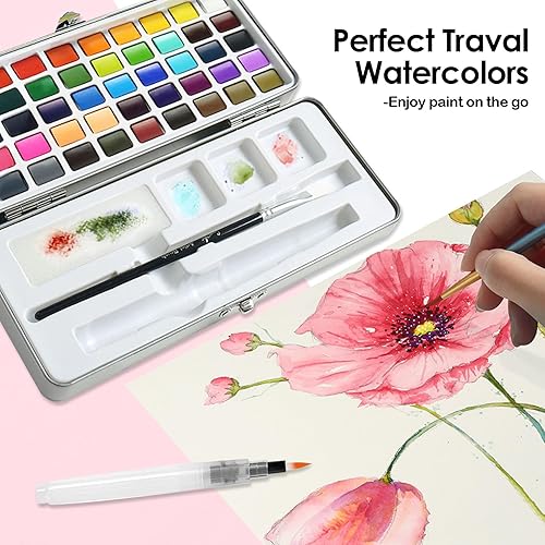 Miniatura 3 de VAMOSEEHI Juego de acuarela para adultos, kit de acuarela para pintar sobre la marcha, 50 colores, 1 pincel de agua, 1 brocha de pintura, 1 esponja,