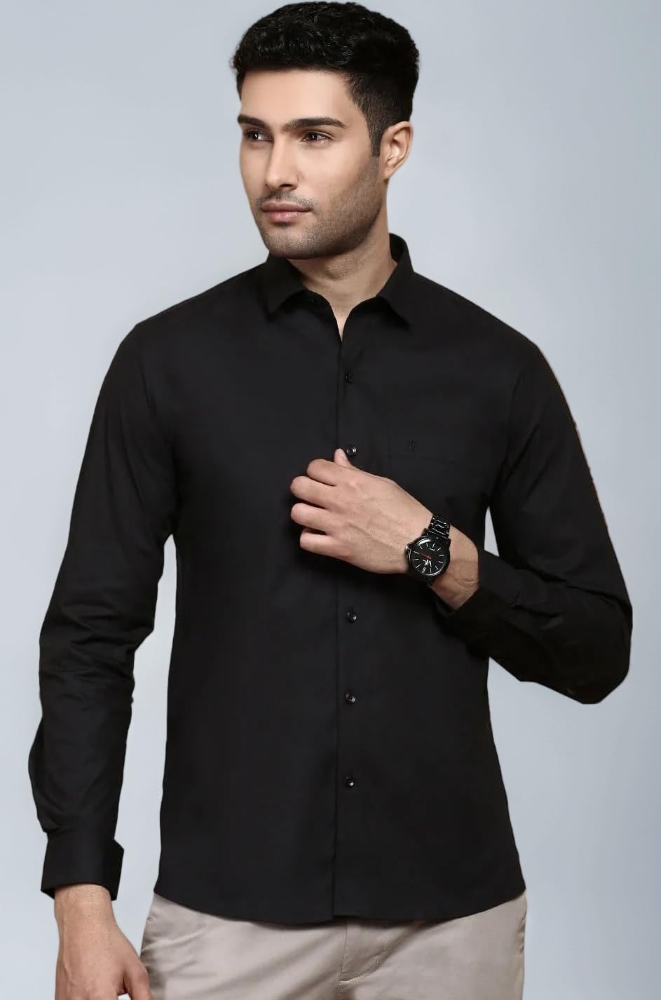 Men Cotton Blend Solid Shirt | Casual | Plain| Summer-Regular Fit| Stylish Shirt | Everyday Formal Wear (IN, Numeric, 38, Regular, Black|Full Sleeve)