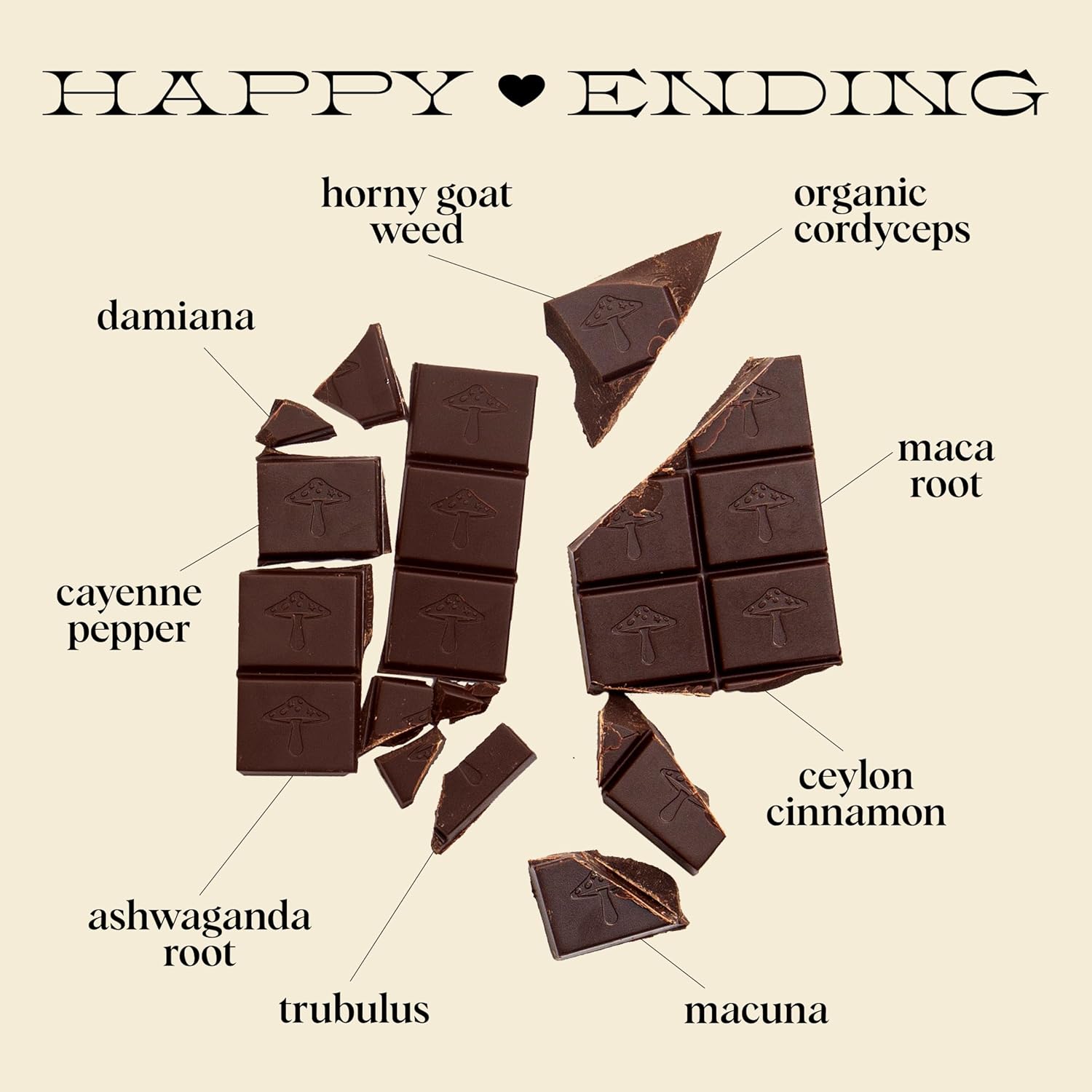 Alice Mushrooms Happy Ending | Sensual Mushroom Chocolates | Improves Mood, Performance, Vitality, Energy and Engagement | Cordyceps, Ashwaganda, Cayenne, Cinnamon & More