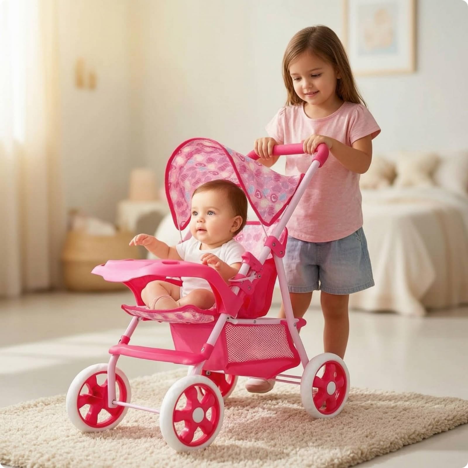 Puppenwagen mit Korb Stabil Spielzeug-Puppenwagen Platzsparend Puppenbuggy für, Zimmer, Großer Verdickter Eisenstange Kinderwagen Griffhöhe Verstellbar