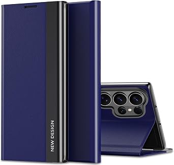 Flip Case for Samsung Galaxy S26 Ultra Case S View, Luxury Electroplating Strips Ultra Slim Phone Case, PU & PC Hybrid 360 Degrees Shockproof Protection Flip Folio Cover for Samsung S26 Ultra Blue