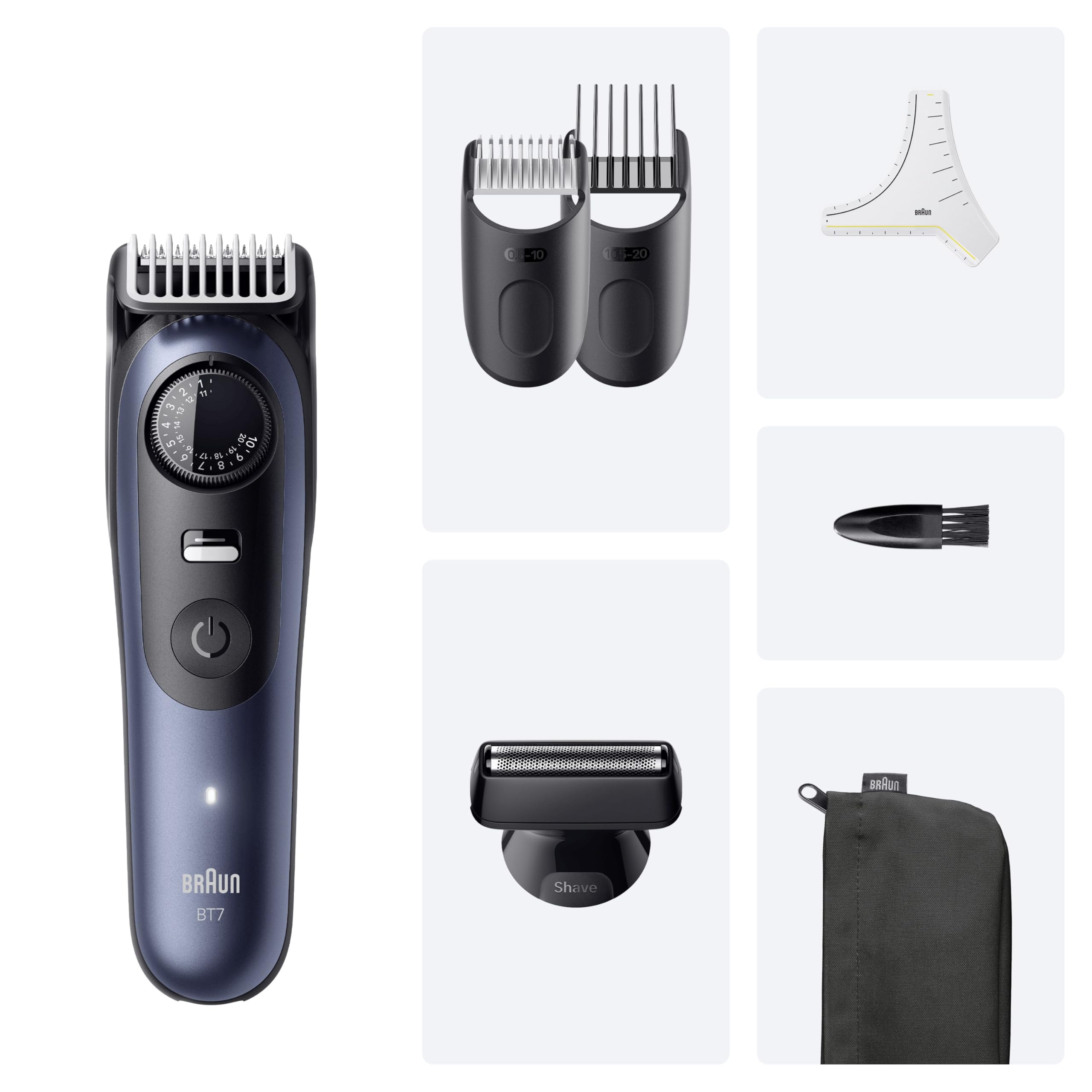 Braun Tondeuse Barbe Homme Series 7 BT7520, Bleue – Etanche, Batterie Rechargeable, Lame ProBlade, 40 Réglages de Longueur, Coffret avec +6 Outils de Barbier, Pochette
