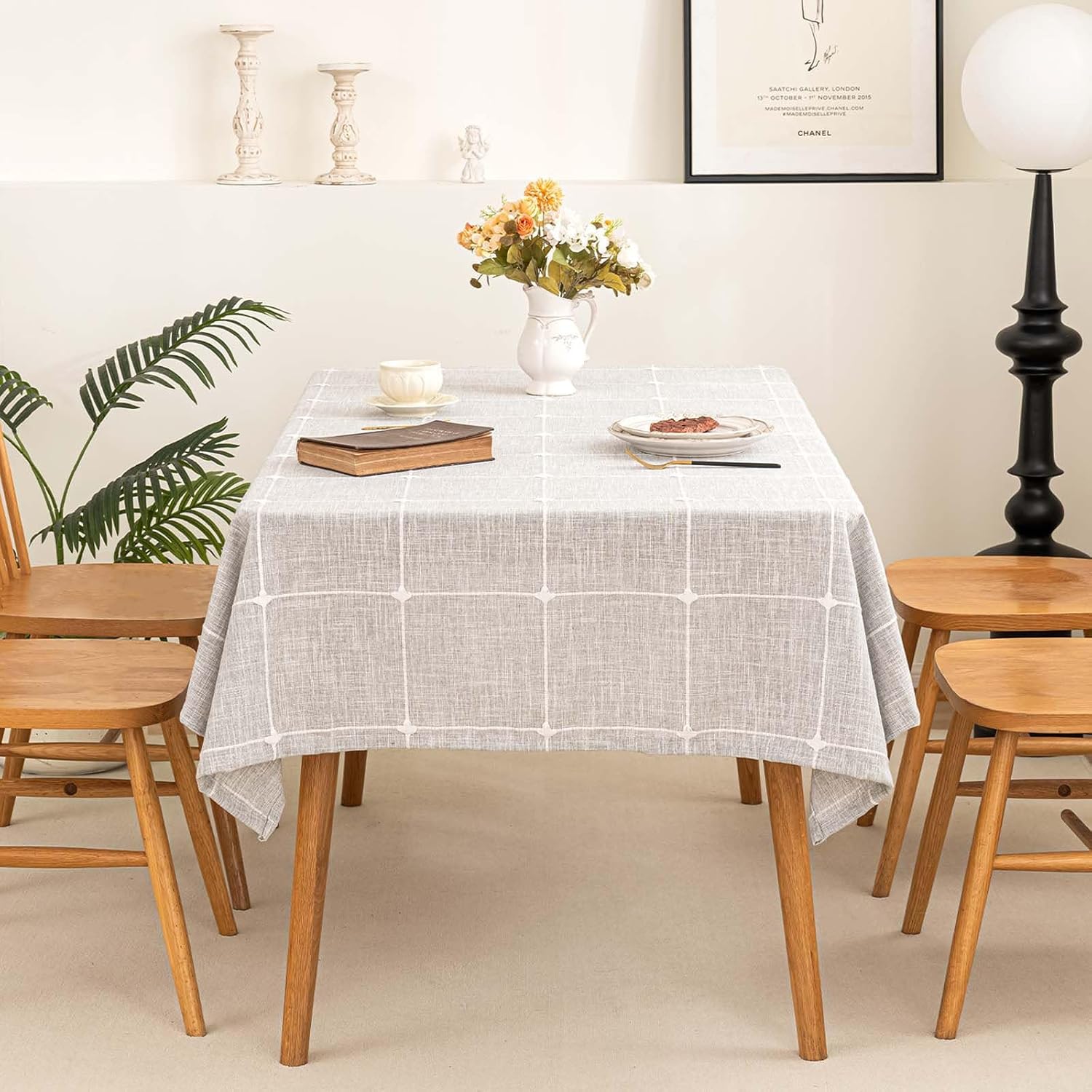 SIELUNO Table Cloth Rectangle Table Cloths Rustic Farmhouse Tablecloth Cotton Linen Waterproof Embroidery Fabric Table Cover for Indoor Outdoor Dinning Tabletop Decoration-Plaids Grey-54"x102"