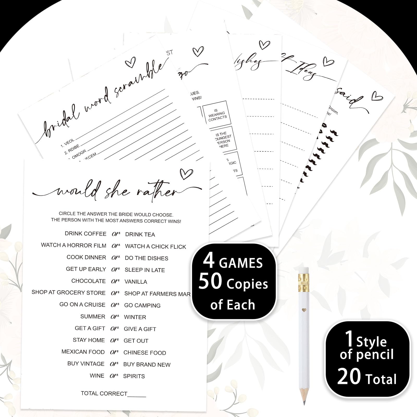 Silipull Bridal Shower Games Set for 50 Guests Includes Bingo, He Said She Said, Scramble, Would She Rather, Advice and Wishes Wedding Games Double Sided with Wooden Box, 20 Pencils(Minimalist)