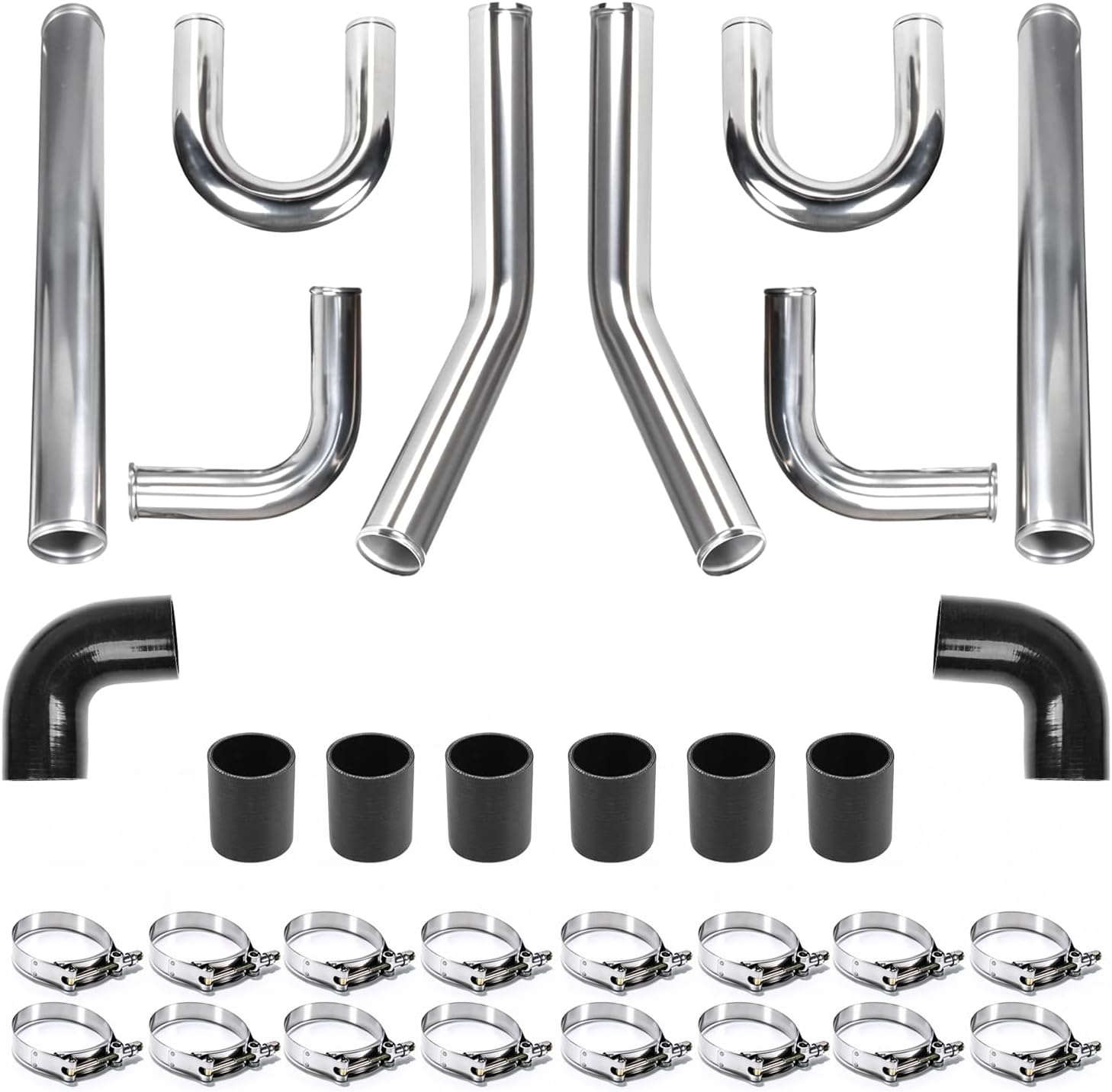 2.5" Universal Turbo Intercooler Piping Kit, 23.6" DIY Polished Aluminum Pipe Set, Black Silicone Couplers and Stainless Steel T-Bolt Clamps (8 Pcs)
