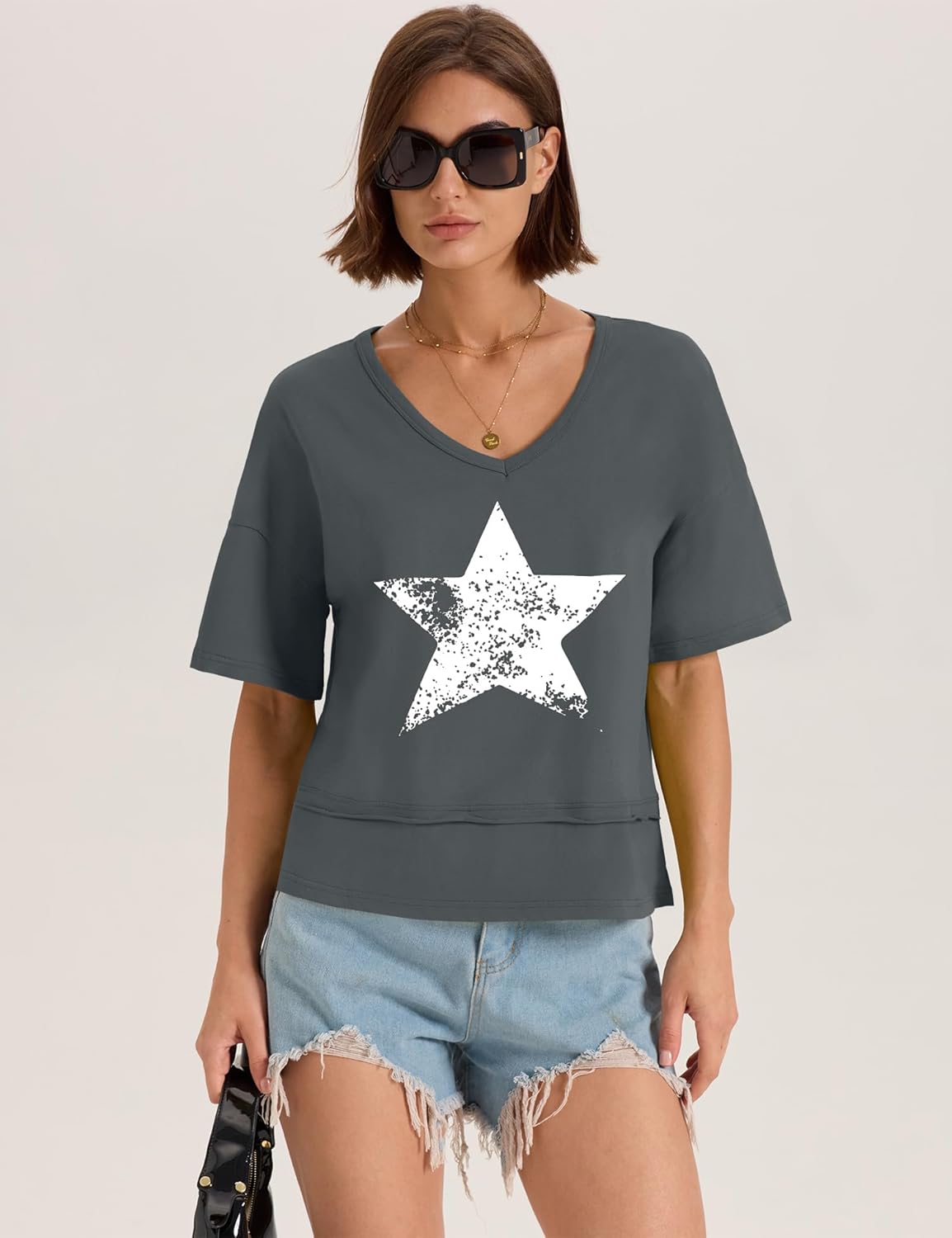 LOMON Womens V Neck Cotton T Shirts Summer Casual Cute Short Sleeve Flowy Fashion Tops Loose Fit Basic Tees - Image 4