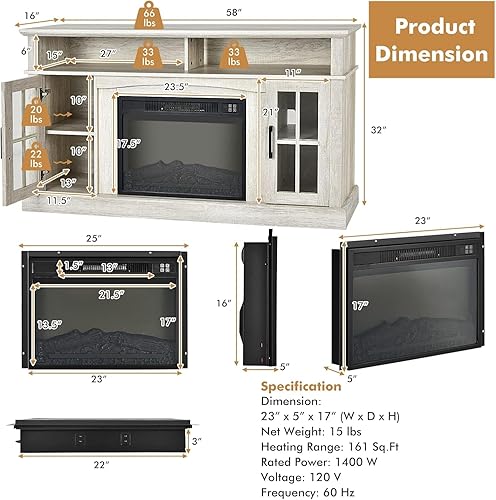 Miniatura 8 de SIMOE Soporte de TV eléctrico con chimenea, consola moderna de 58 pulgadas para televisores de hasta 65 pulgadas + 23 pulgadas con 3 brillos,