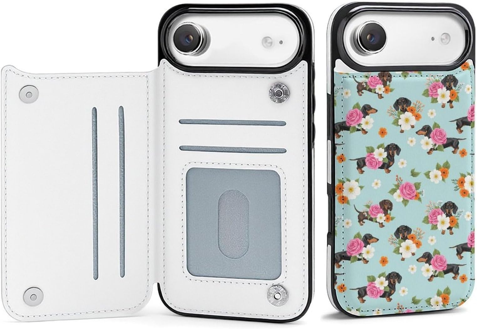 Leather Flip Wallet Case Compatible for iPhone 17 Series with Magnetic Fastening and Guard, Floral Flowers Cute Dachshund Dog
