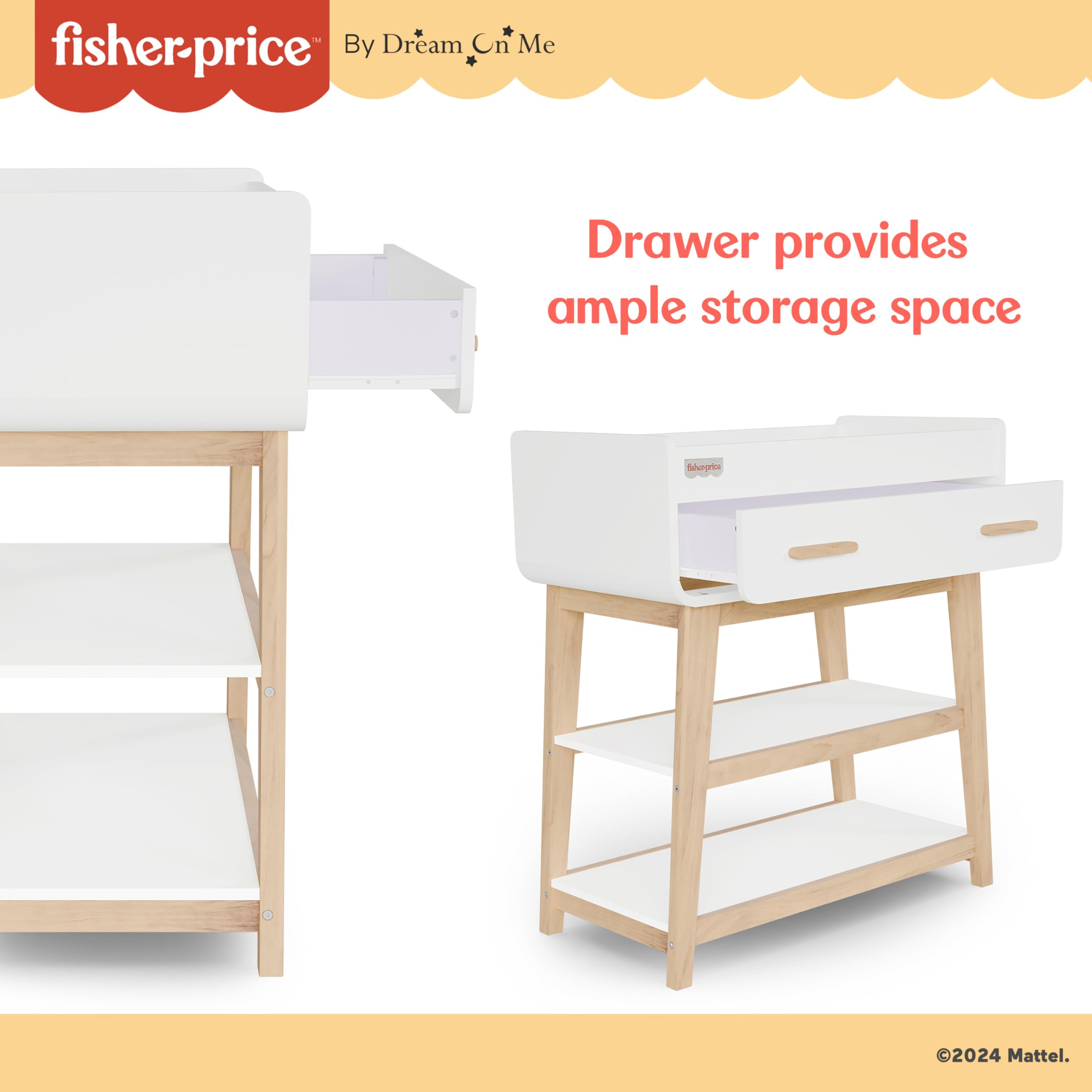 Amazon.com : Dream On Me Fisher Price Baby Changing Table, Vintage White  Oak  Greenguard Gold & JPMA Certified, Wooden Nursery Dresser with Storage  Shelves  Compact, Sturdy & Easy-to-Clean Design :