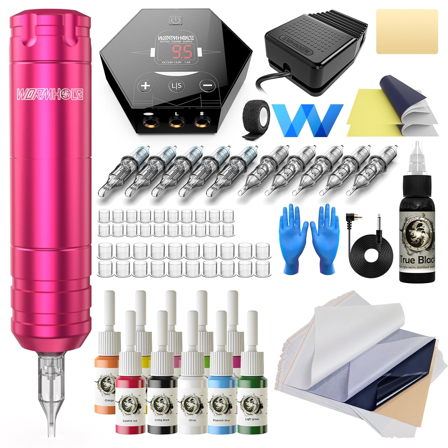 Wormhole Tattoo Machine Kit with 11.7" x 16.5" A3 Size 25 PCS Tattoo Stencil Paper Tattoo Gun Kit Cartridge Needles Tattoo Pen Kit for Beginners Rotary Tattoo Machine