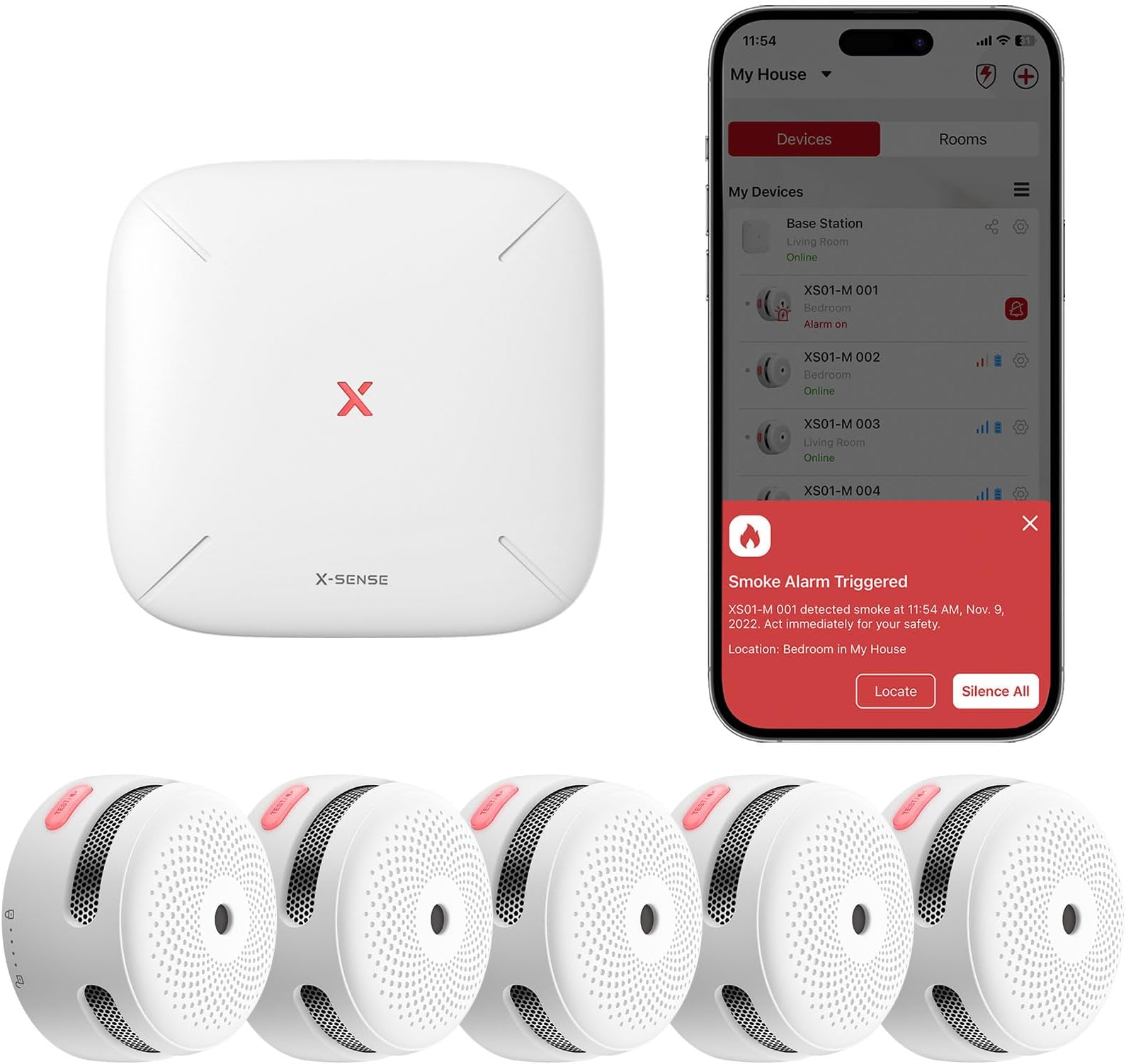 X-Sense FS51 5-Pack Smart SBS50 Base Station, White, 5 Smoke Detectors