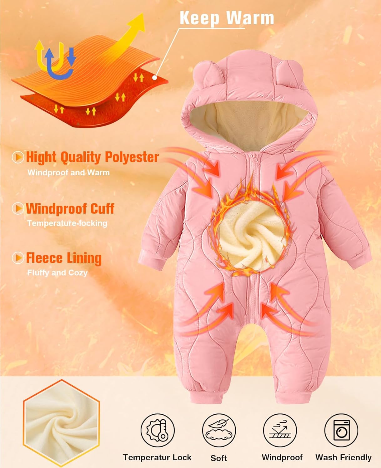 uideazone Baby Snowsuit Newborn Winter Clothes 0-24 Months Coat Jumpsuit Infant Boys Girls Hooded Puffer Jacket - Image 6