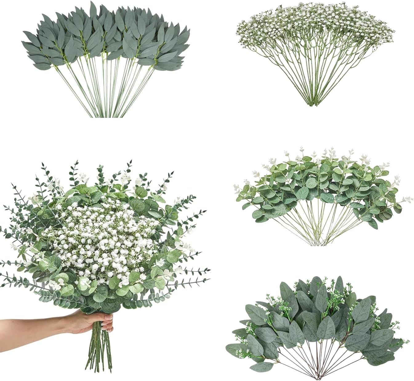 150 Pcs 4 Kinds Mixed Eucalyptus Greenery Stems, Baby Breath Flowers Artificial Bulk and Greenery Stems for DIY Bouquets Wedding Home Floral Decor