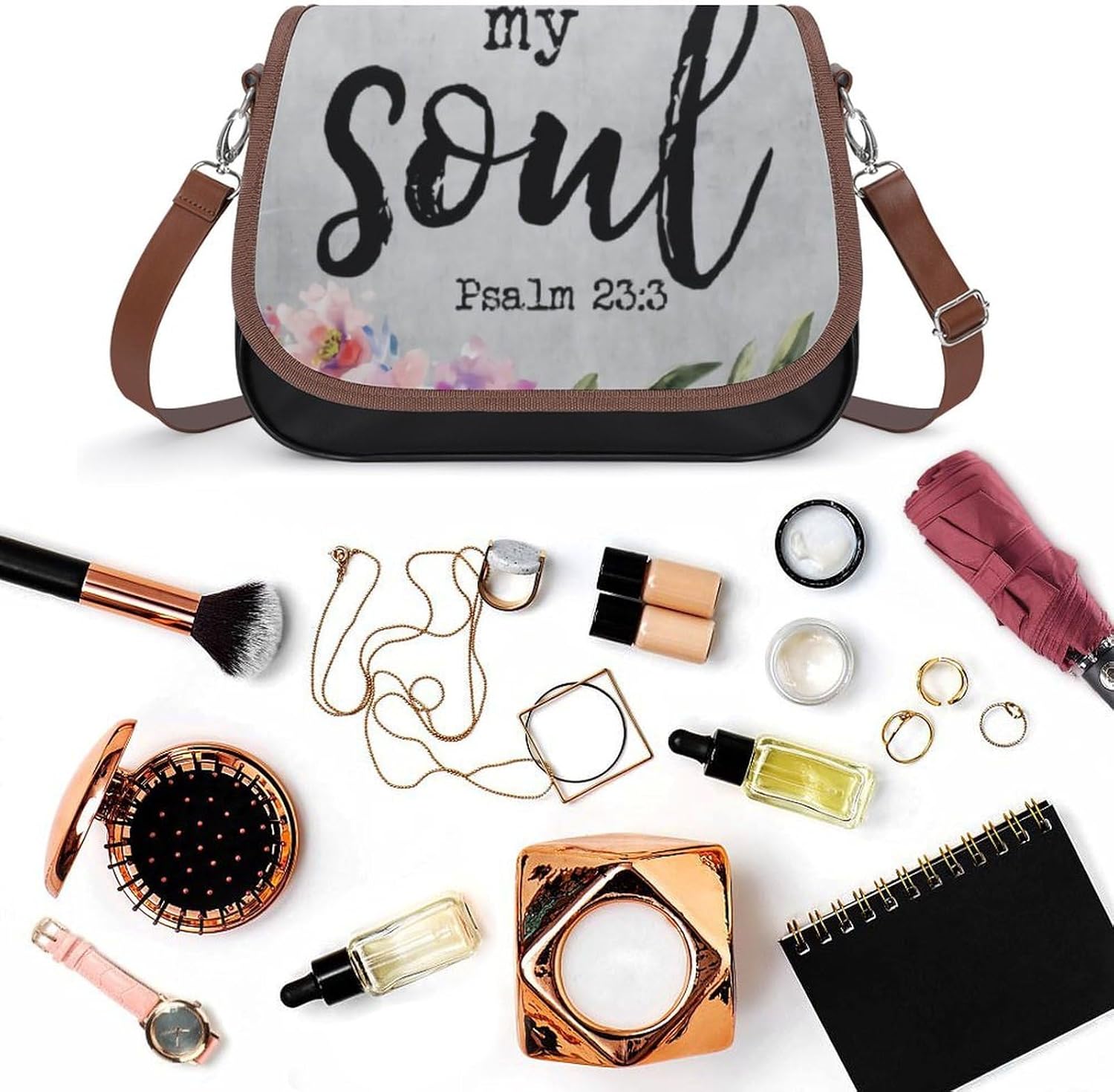Psalm 233 He Restores My Soul ChristianWomen's Faux Leather Crossbody Bag, Waterproof Wrinkle-Resistant Shoulder Bag with Detachable Strap, Large Capacity Casual Handbag, Fashion Daily Purse for Shopp